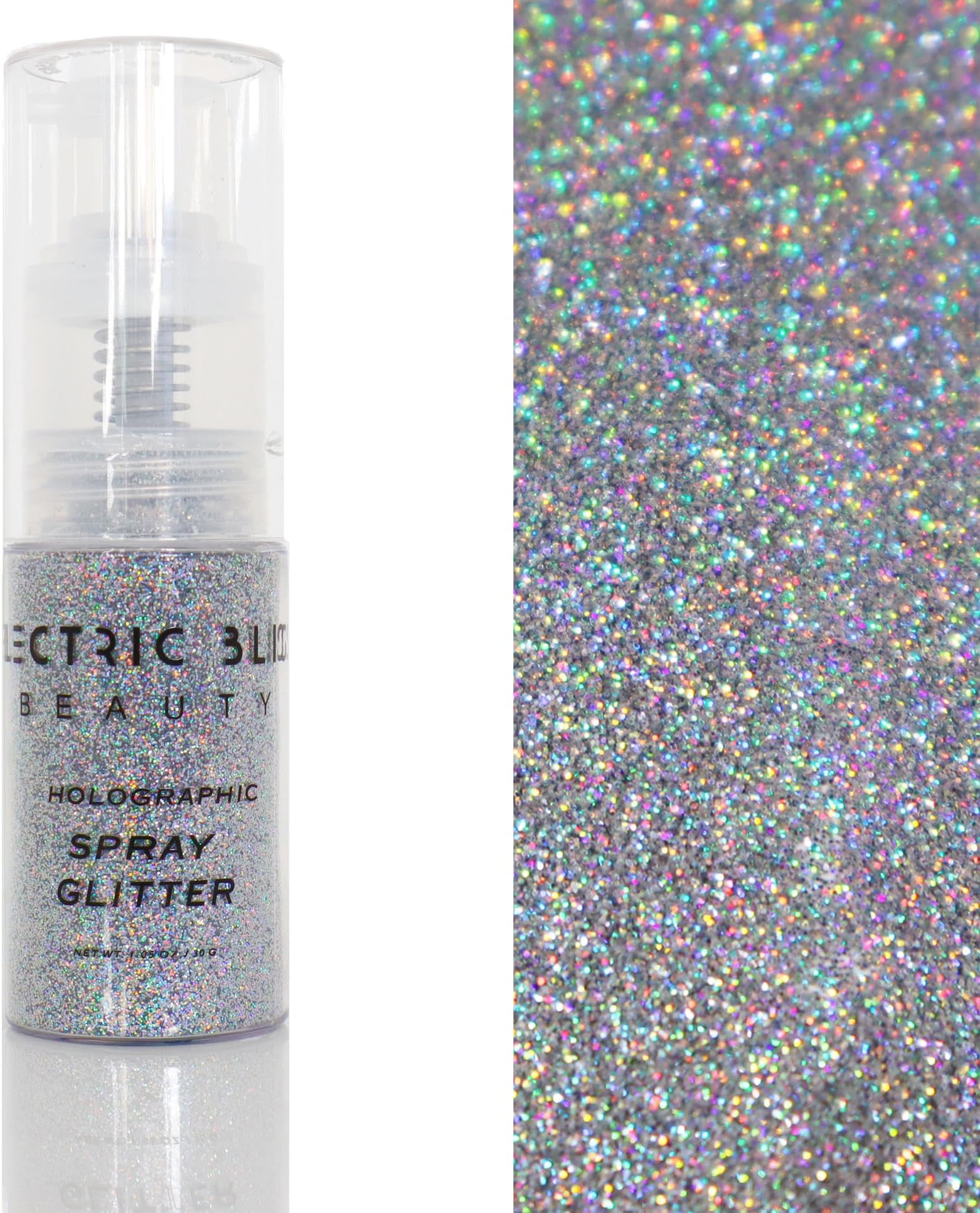 Electric Bliss Beauty Holographic Silver Glitter Spray - Shiny Body Glitter Spray, Hair Glitter Spray for Hair & Body Face Glitter, Eye Glitter, Rave Glitter Festival Accessories