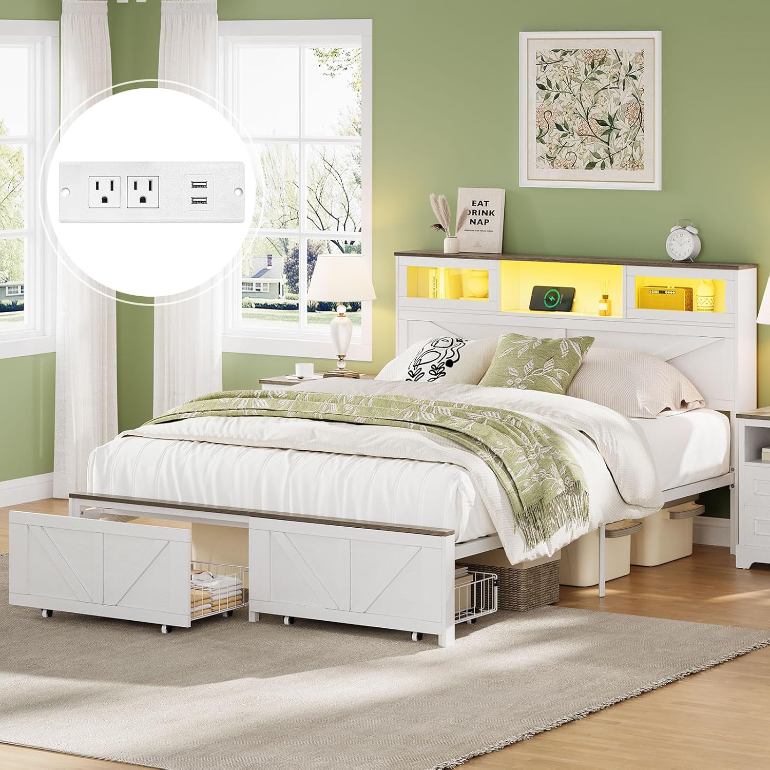 Yoobure Queen Bed Frame with Headboard, Bed Frame Queen Size with Charging Station, LED Beds with 2 Storage Drawers, Wood Farmhouse Bedframe Queen-Size, Noise-Free and No Box Spring Needed