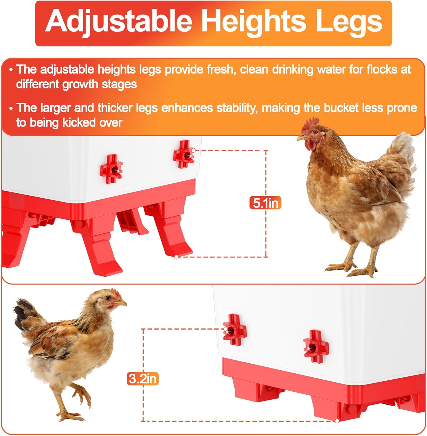 5.0 Gallons Chicken Waterer Bucket with 4 Horizontal Water Nipples, Adjustable Heights and Anti Roost Cone