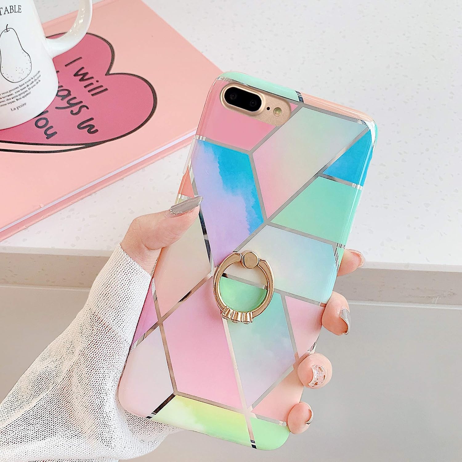 Qokey Compatible with iPhone 8 Plus Case,Compatible with iPhone 7 Plus Case 5.5 inch Marble Cute Stand Cover for Women Girls 360 Degree Rotating Ring Kickstand Soft TPU Shockproof Cover Colorful