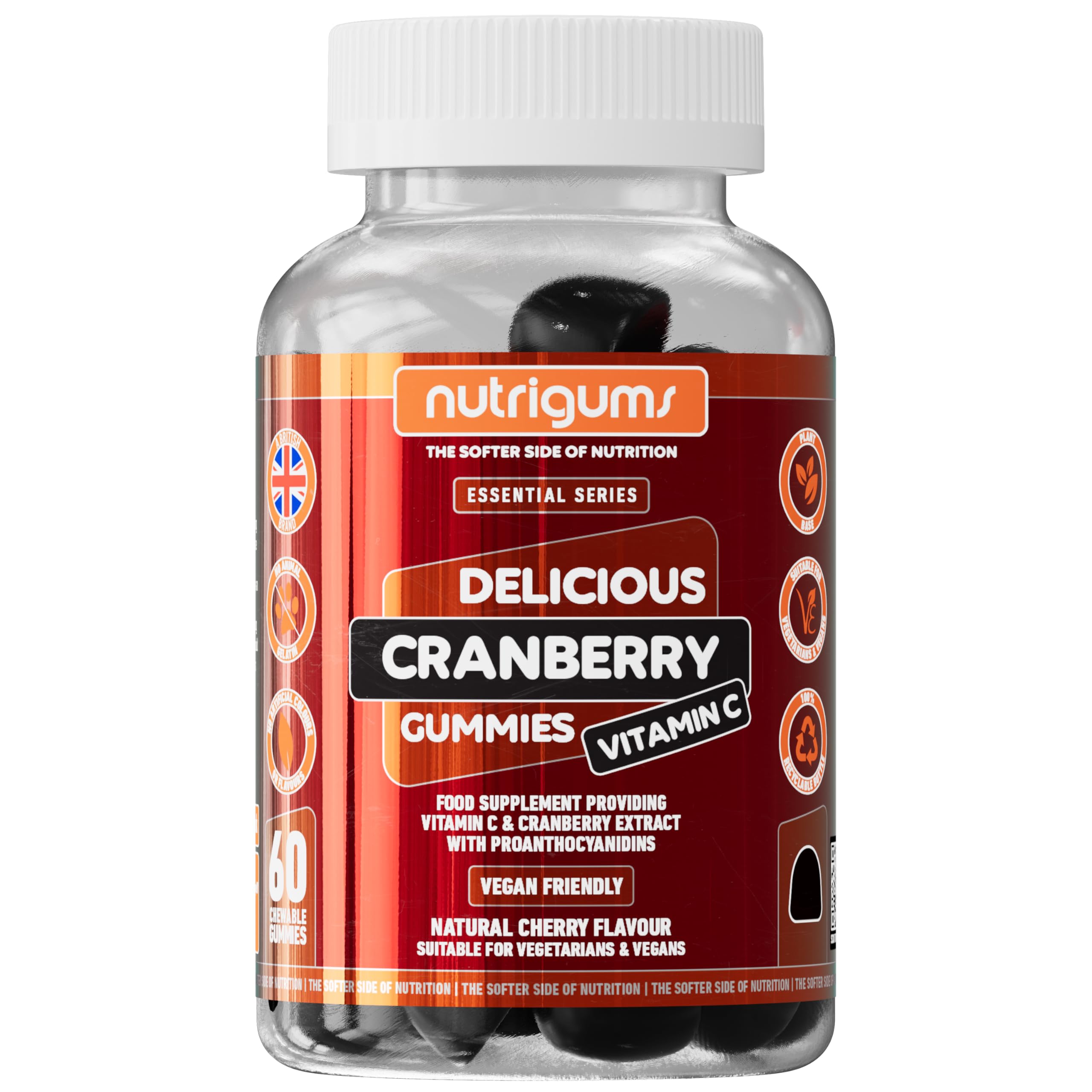 Cranberry & Vitamin C Gummy | High Strength | Cranberry Extract 9000mg (25% Proanthocyanidins) + Vitamin C 80mg | Cherry Flavour | 60 Vegan Gummies | Antioxidants & Urinary Tract Support by NUTRIGUMS®