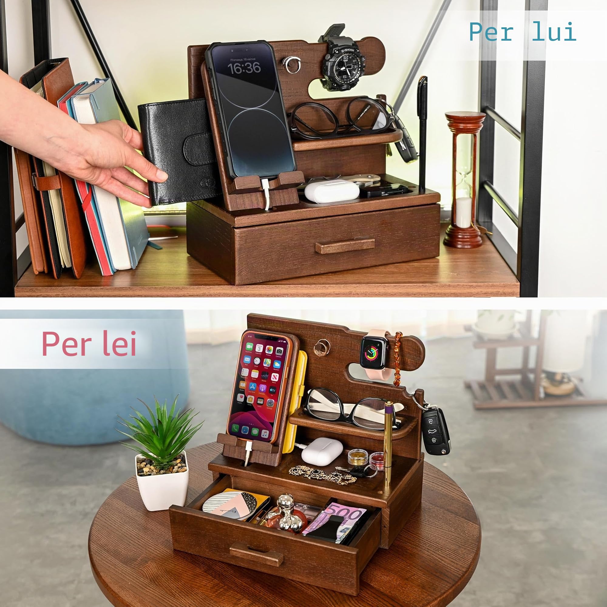 TESLYAR Stazione di ricarica telefono in legno con cassetto - Organizer da comodino - Organizer da scrivania per marito - Idee regalo di compleanno per uomini, papà, anniversario, portachiavi