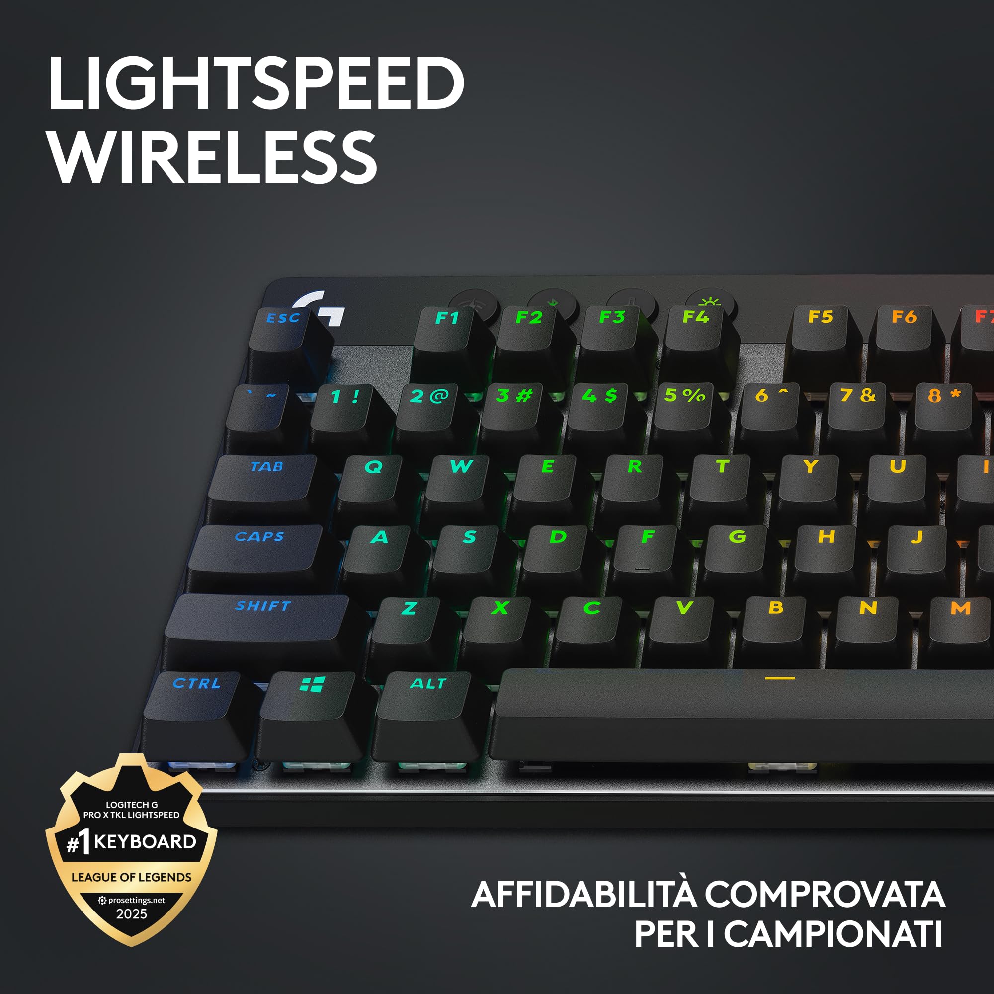 Logitech G PRO X TKL LIGHTSPEED tastiera gaming wireless | Design ultraportatile senza tastierino, LIGHTSYNC RGB, tasti PBT, switch tattili GX Brown, Italiano QWERTY, PC - Nero