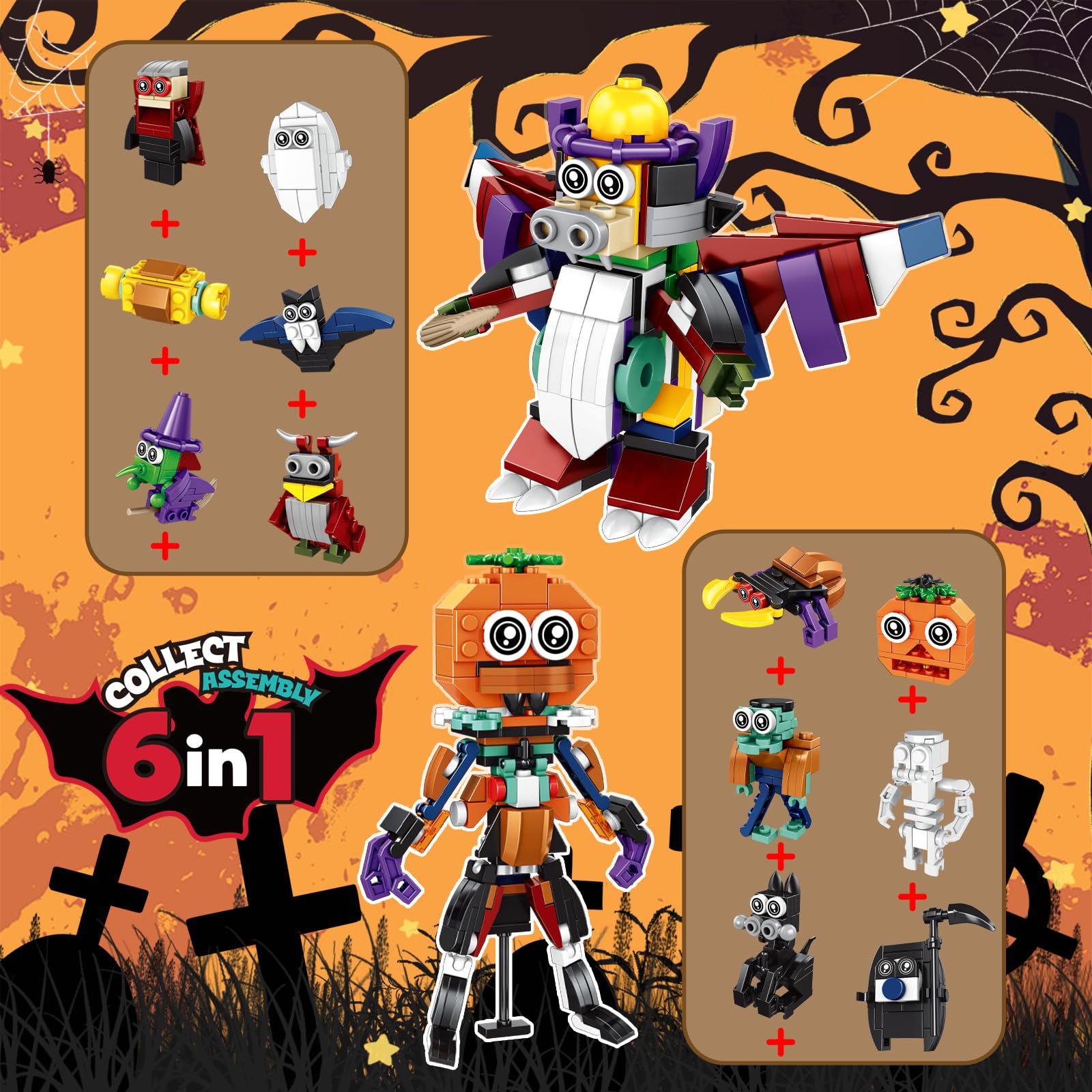 Own1one Halloween Mitgebsel Kinder, 12 Vorgefüllten Totenköpfen mit 12 2-in-1-Bausteine & 1 Tüte als Pinata Füllung, Trick or Treat Geschenke für Halloween Kindergeburtstag Party Kinder Gastgeschenke