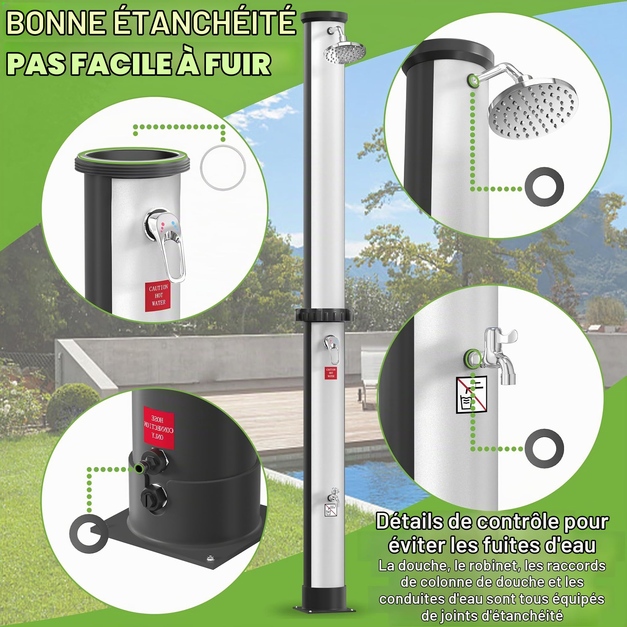 LZQ Douche de jardin solaire 40 l, douche solaire pour jardin, terrasse et camping, douche extérieure avec pommeau de douche, douche de piscine, douche d'extérieur, robinet et raccord pour tuyau