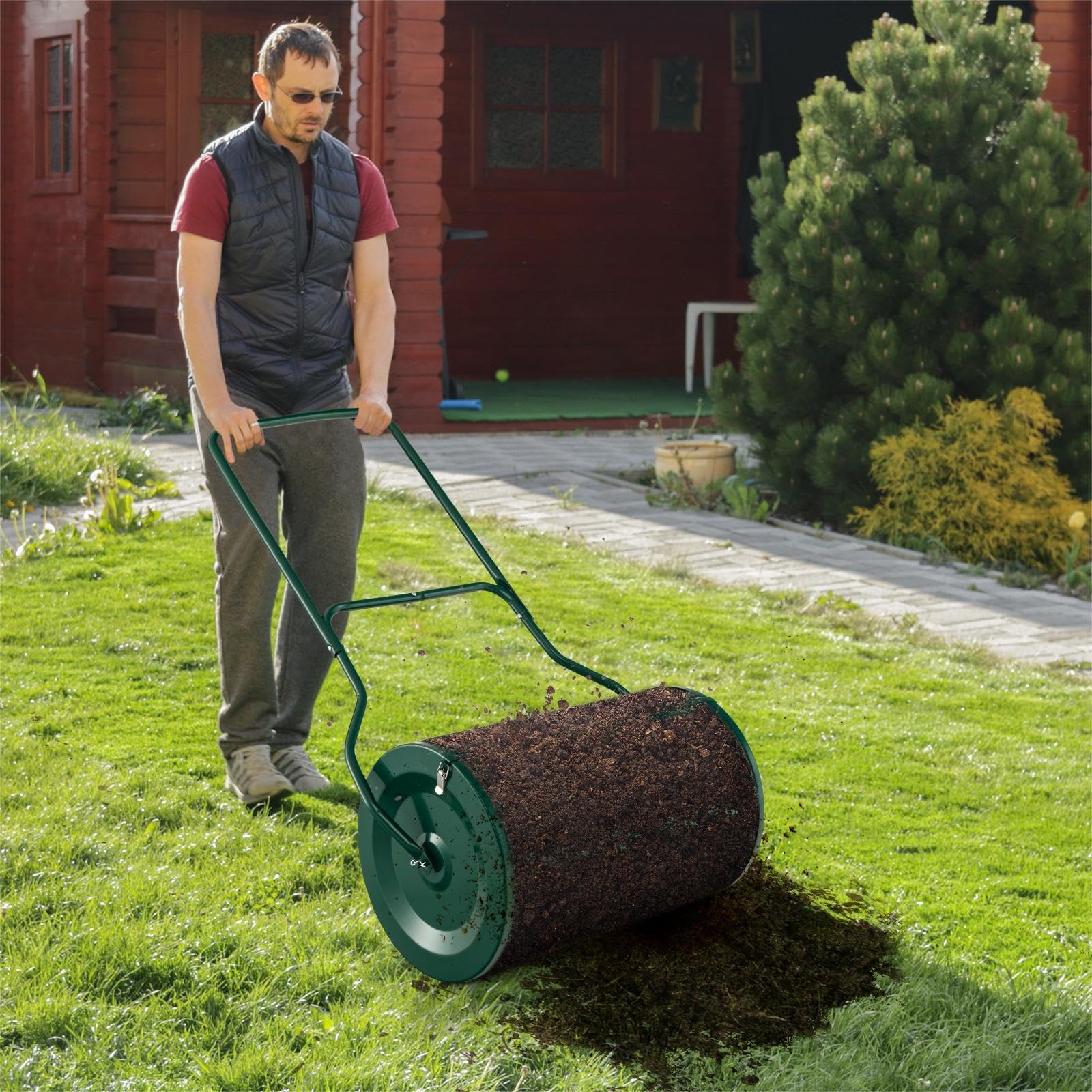 SOARS Rullo Spargiconcime Prato da 80L, Spargiconcime a Rullo Ø39 x 68 cm con Manico e Cestello in Rete Metallica, Spargiterriccio da Giardino per Concimazione e Semina (Verde)