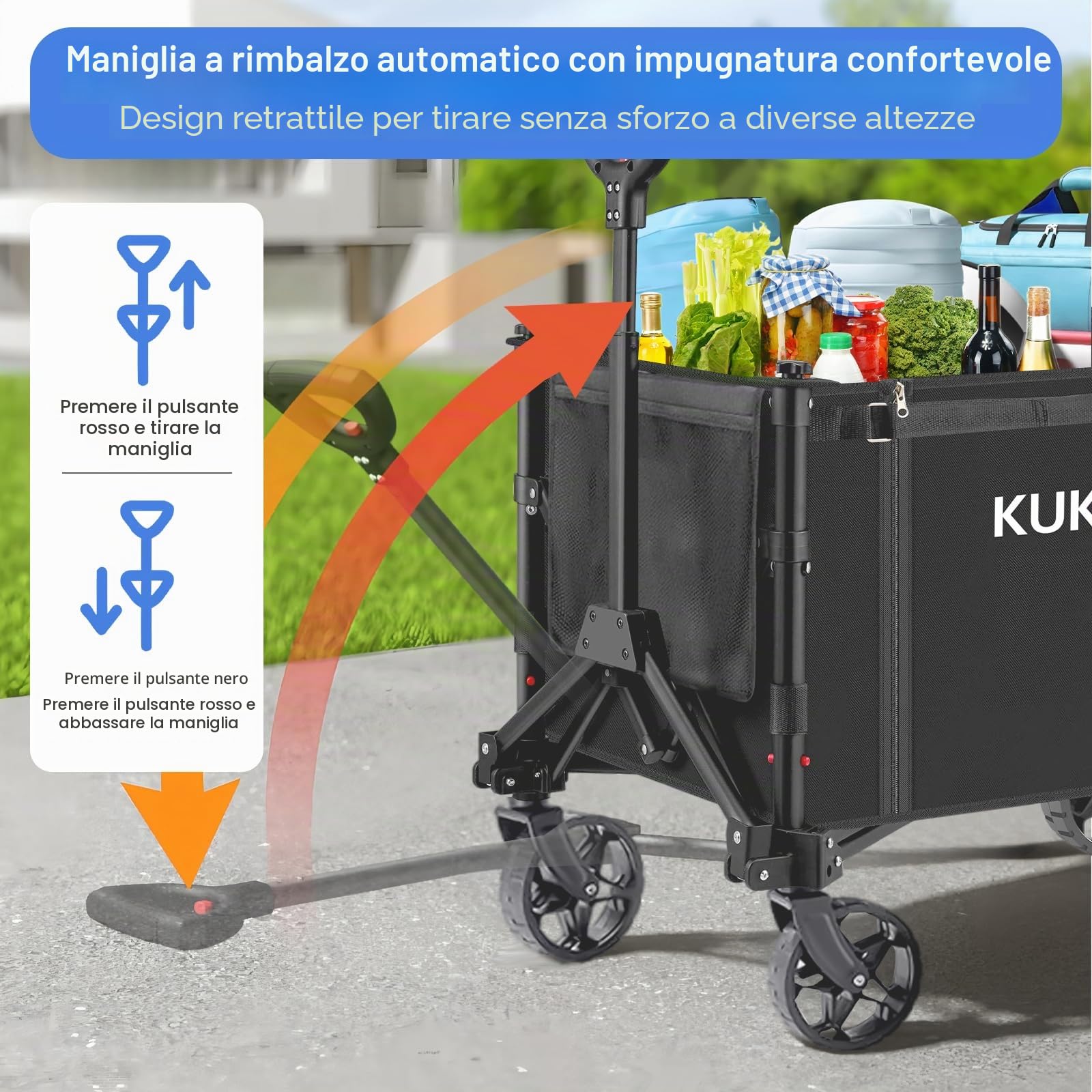 Carrello Pieghevole 3 in 1 con Ruote Portatutto Spiaggia 120 L 100 KG Carrello Campeggio Portatile con Strisce Riflettenti e Manico Regolabile per Giardino Sport Shopping Campeggio Nero