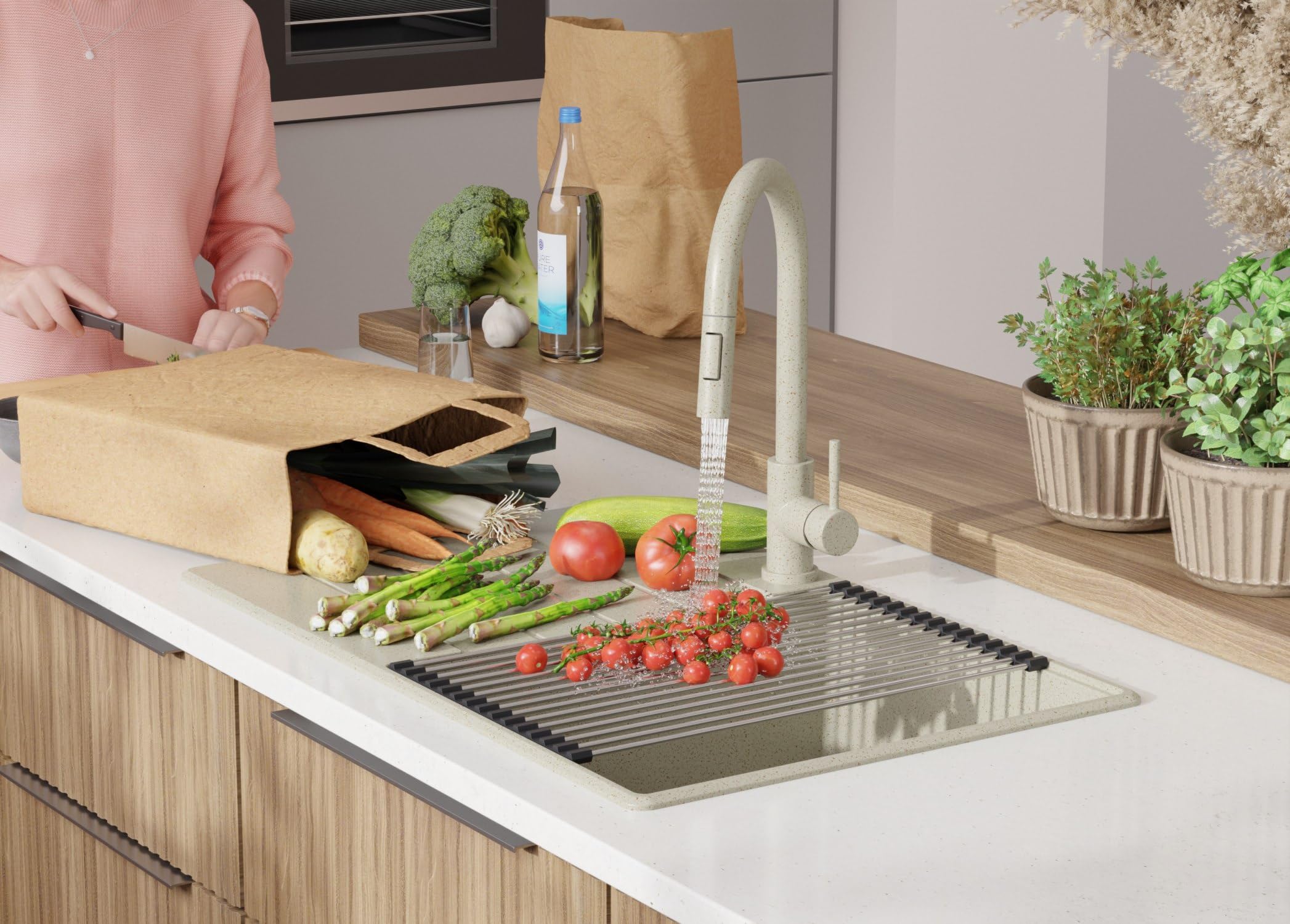PRIMAGRAN Fregadero Cocina Beige 78x50cm, Granito 1 Seno + Sifón + Enrollable Escurridor, Sobre Encimera al Mueble 50cm - Copenhague Top S510