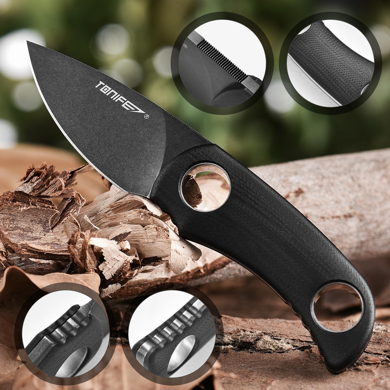 TONIFE Runer Fixed Neck Knife with Scabbard and Lanyard 1.85'' Full Tang Blade Edc Knife Neck Knife for Outdoor (Black+Black Oxide then Stonewash)