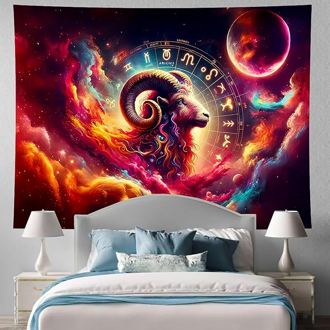 Aries Tapestry Wall Hanging Zodiac Sign Decoration Aesthetic for Bedroom Living Room Dormitory Suitable for Teen Boy and Girl Who Like Astrology 59x51 Inches