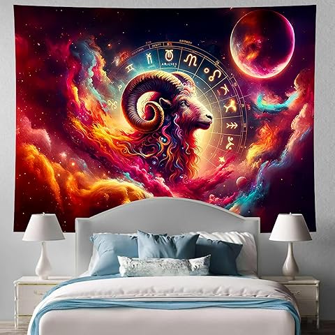 Aries Tapestry Wall Hanging Zodiac Sign Decoration Aesthetic for Bedroom Living Room Dormitory Suitable for Teen Boy and Girl Who Like Astrology 59x51 Inches