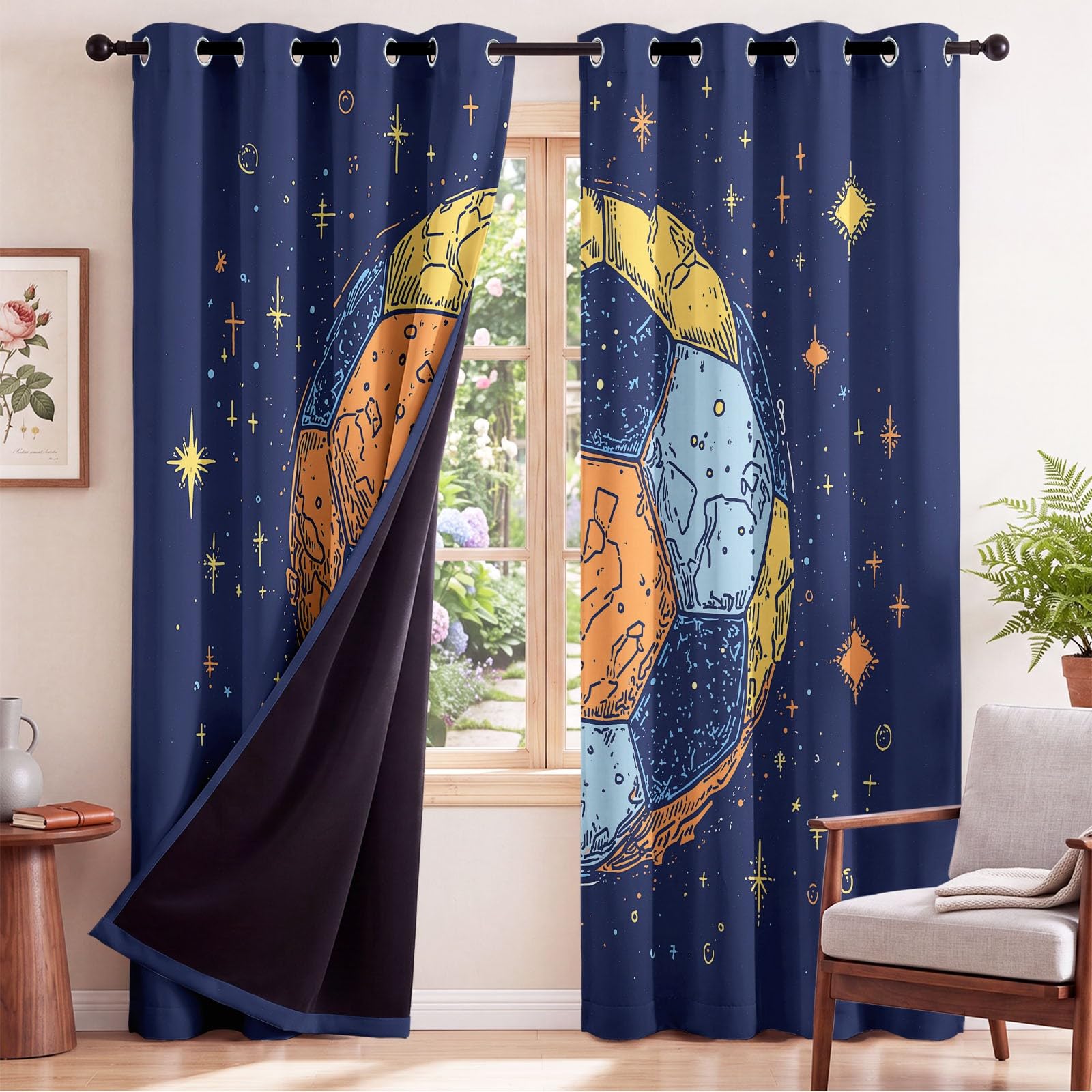 Verdunkelungsvorhang Sport Sternenhimmel Fussball Sternenlicht Spiel Geräuschreduzierung Blickdichte Vorhänge Mit Ösen - Ösenvorhang für Wohnzimmer Schlafzimmer Kinderzimmer Dekorieren, 117 x 137 cm
