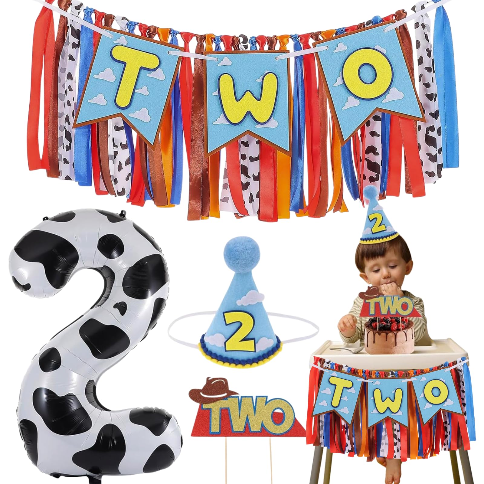 Cartoon Toy Highchair Banner for 2nd Birthday Party Decorations