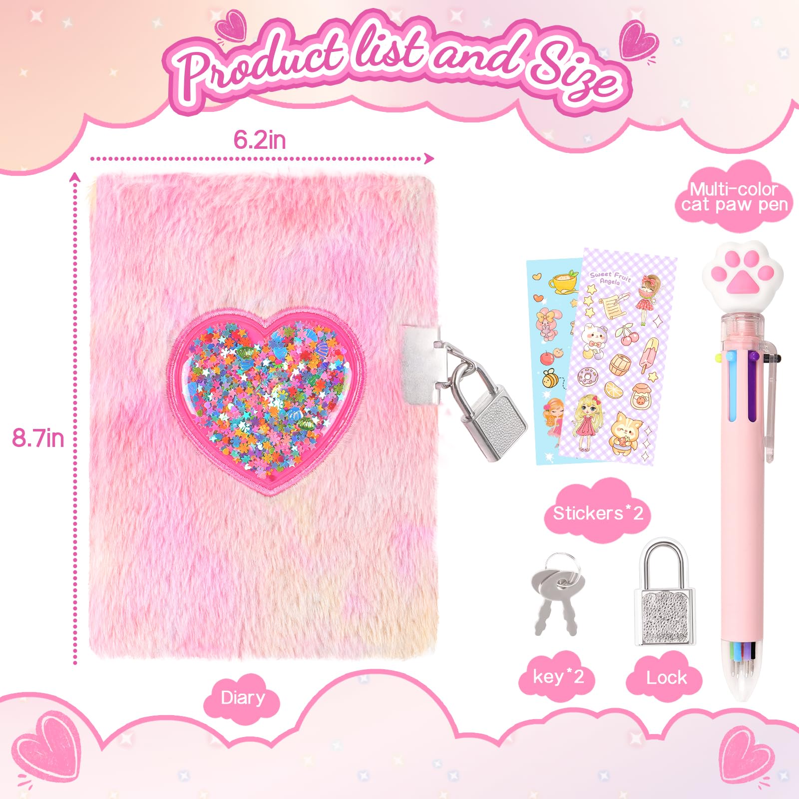 ENYILEE Heart Diary with Lock, Gift for Girls Ages 8-10, Tie-Dye Pink Journal with Pen and Stickers (Tie-dye pink) - Image 4