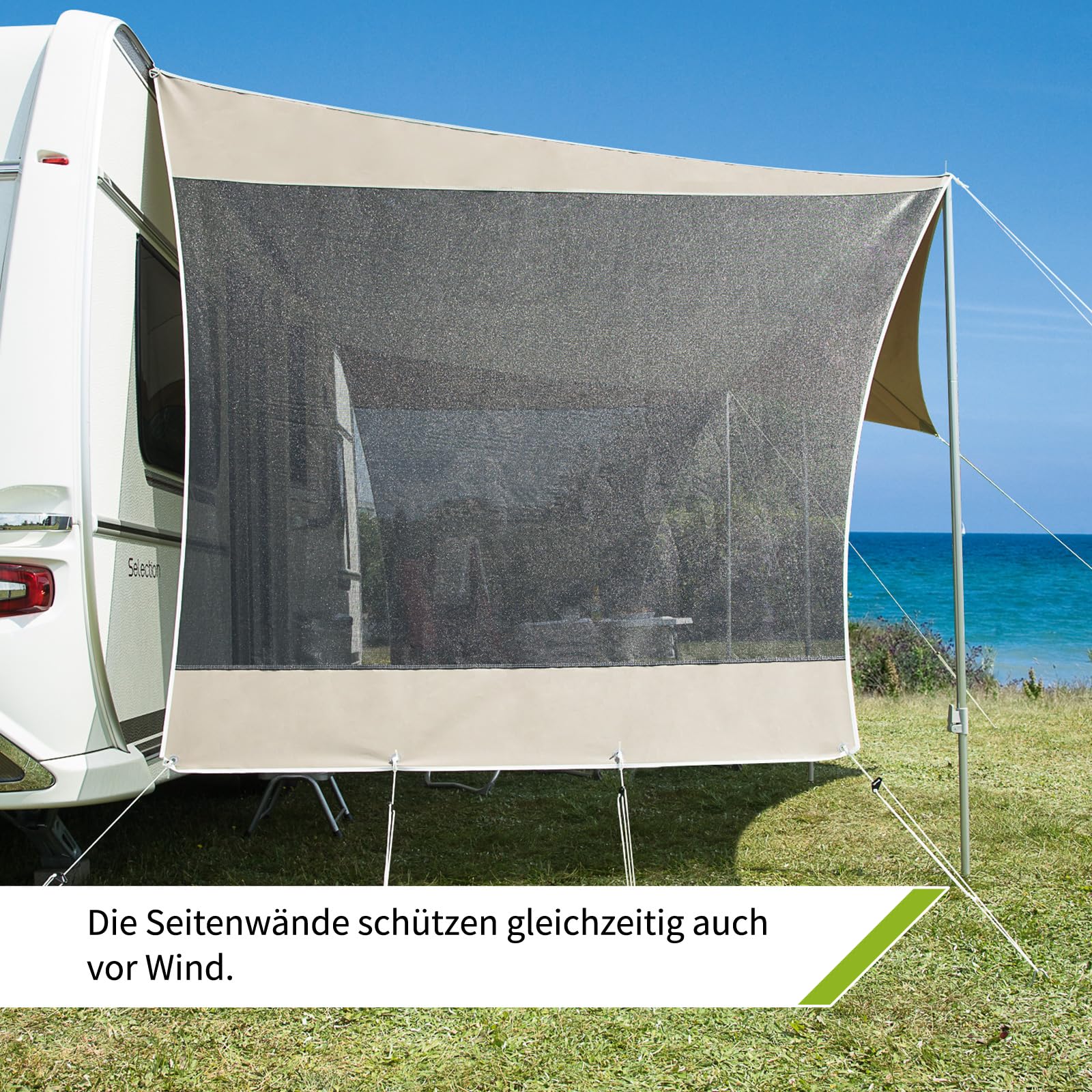dwt Wohnwagen Sonnendach Coco Wohnwagen 240 cm tief, mit UV-Schutz und Abspannmaterial inkl. Seitenwände aus Mesh-Gewebe, Größe:Gr.1 B/T 330x240+80cm