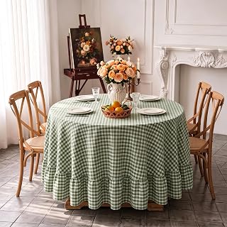 SquarePie Sage Green Gingham Ruffled Tablecloth 70 Inch Round Spillproof