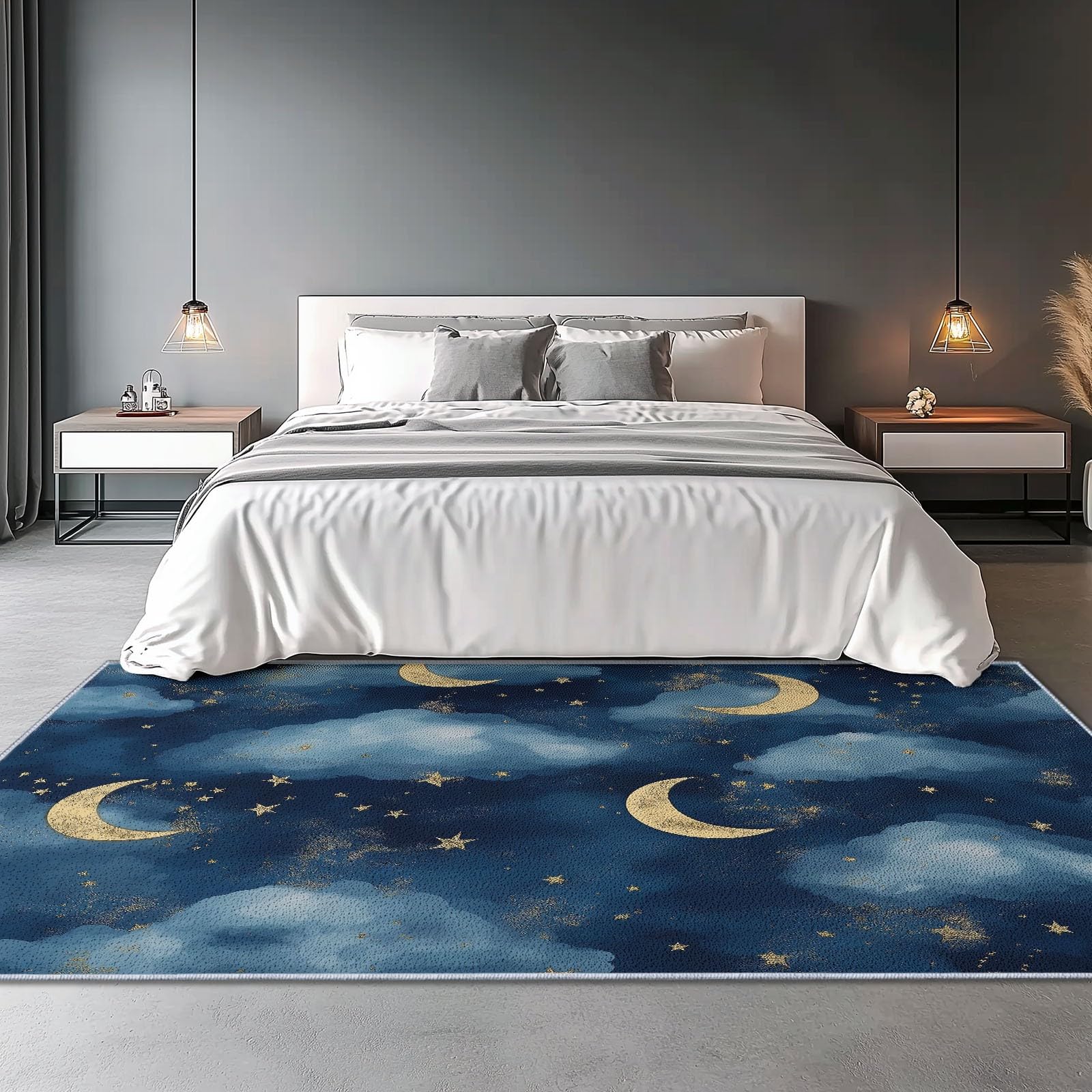 Lavabile in Lavatrice Tappeto per Soggiorno Camera da Letto Ufficio Decorazione 120 x 180 cm, Stile Acquerello Cartone Animato Nuvole Luna Tema Flanella Tappeti con Supporto Antiscivolo, Blu Scuro