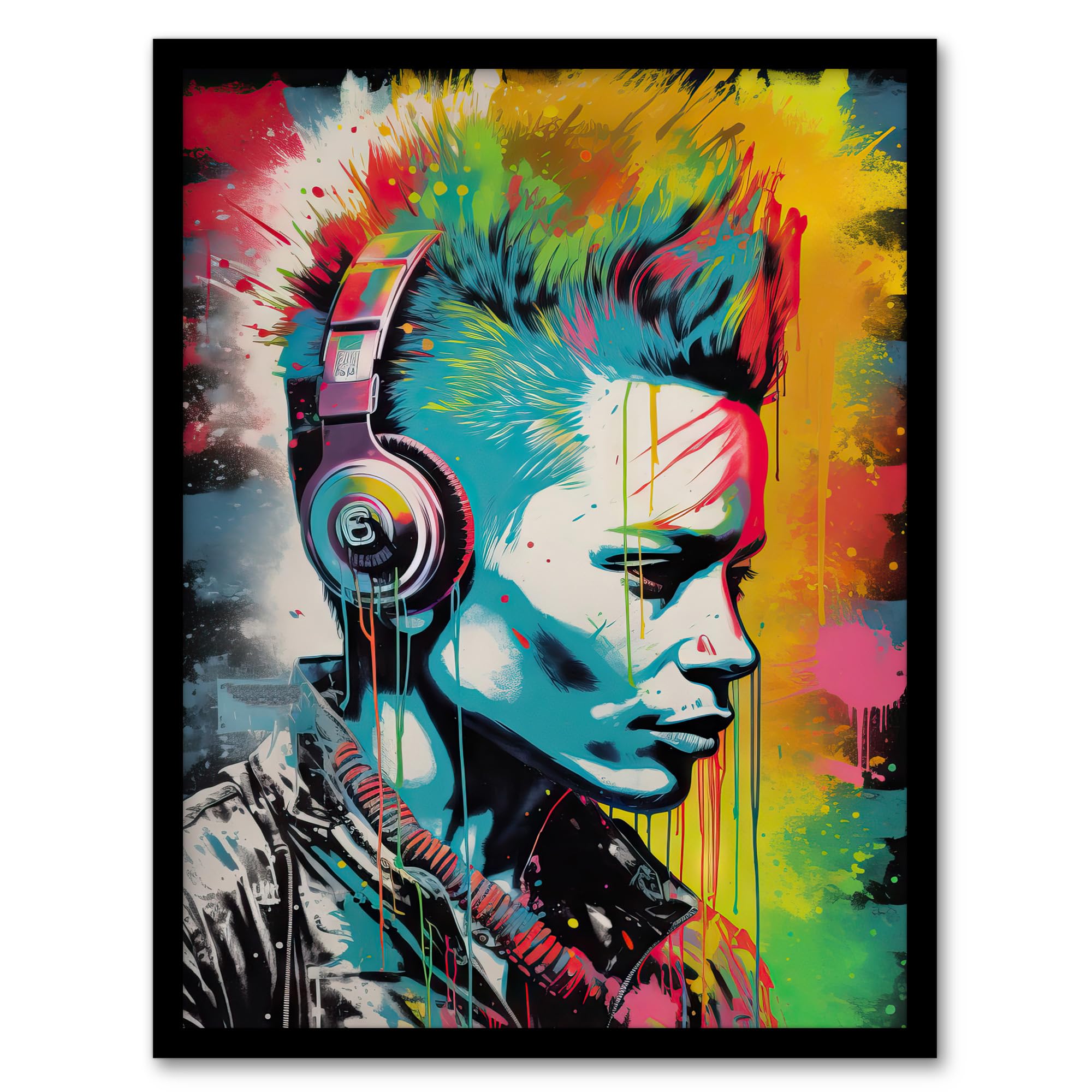 Artery8 Punk Music Vibrant Artwork Young Man With Headphones Portrait Artwork Framed Wall Art Print 18X24 Inch