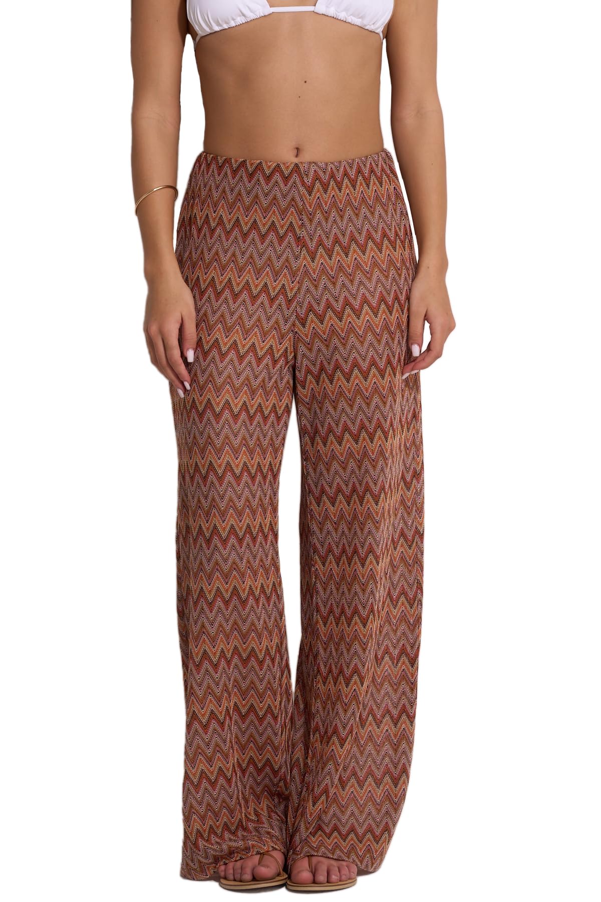 Gottex Beach Life High-Waist Wide Leg Pants - Zig Zag Crochet Design Elastic Waistband Pairs with Desert Mirage