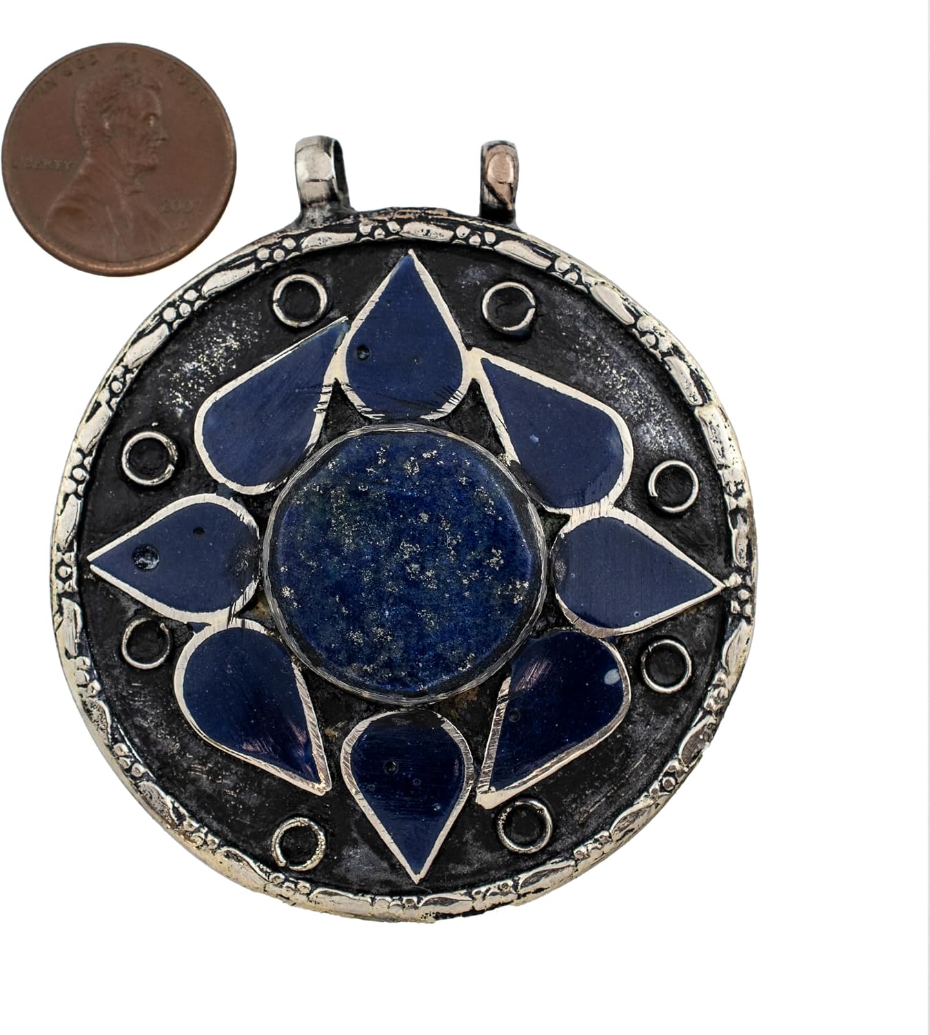 The Bead Chest Lapis-Inlaid Afghan Tribal Pendant 56x62mm Afghanistan Blue Round White Metal Large Hole
