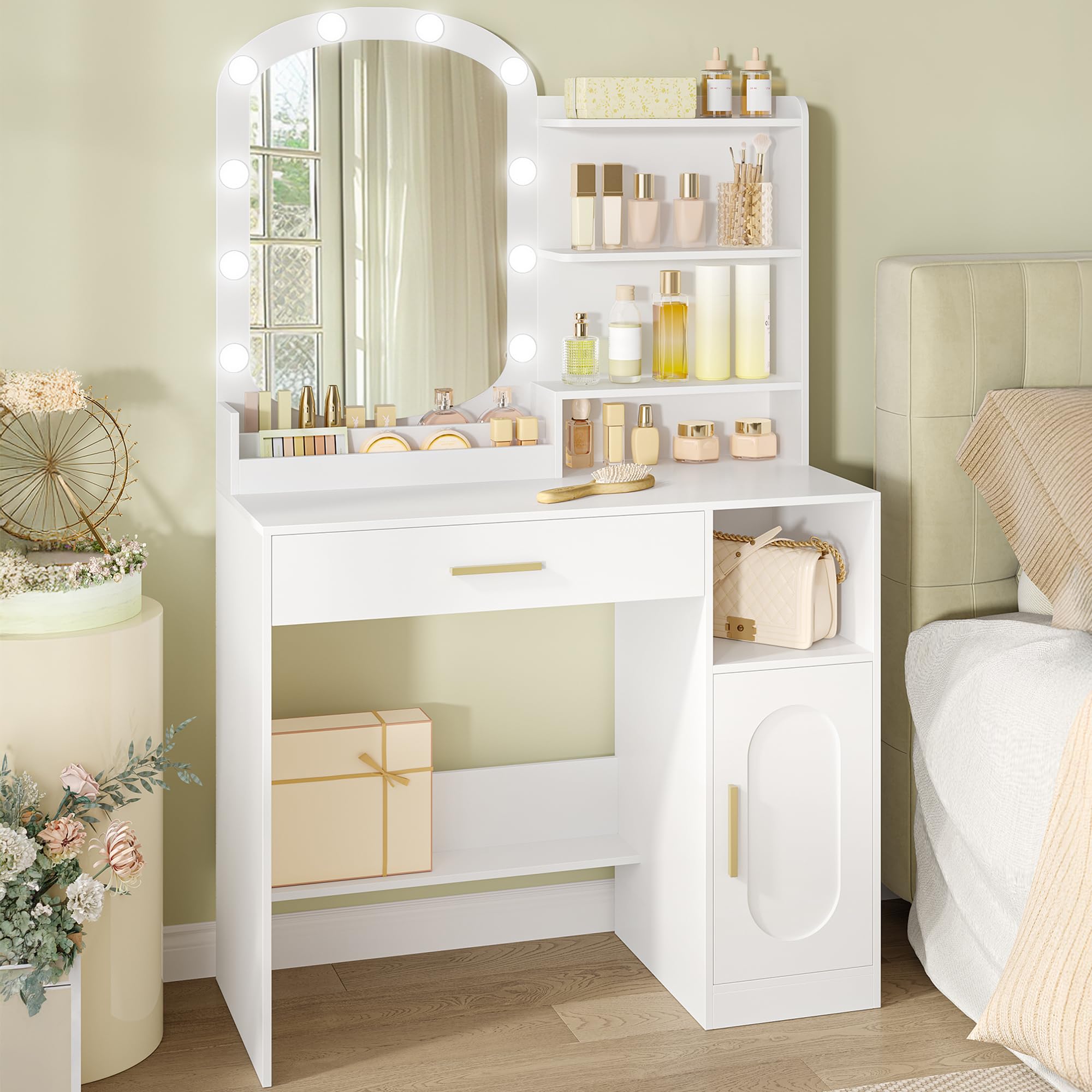 HEXCELEN Dressing Table with Oval Mirror, Dressing Table with LED Lights, Adjustable Brightness, Vanity Desk with Drawer, Cabinet and Open Compartments, Modern Bedroom Dresser, White