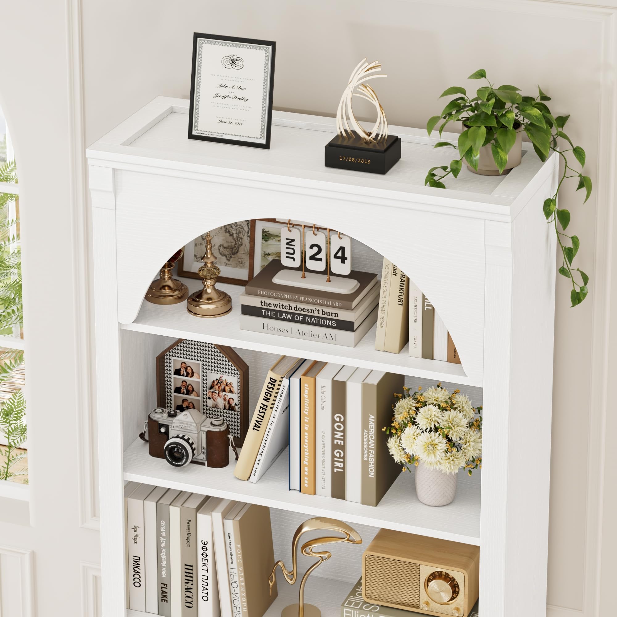 FirFurd Bibliotheque 186 cm 6 Étagères Bibliothèque Meuble de Rangement en Arc Étagere Rangement Ouverte Bibliothèques pour Salon, Bureau, Chambre 75x28x186cm Blanc