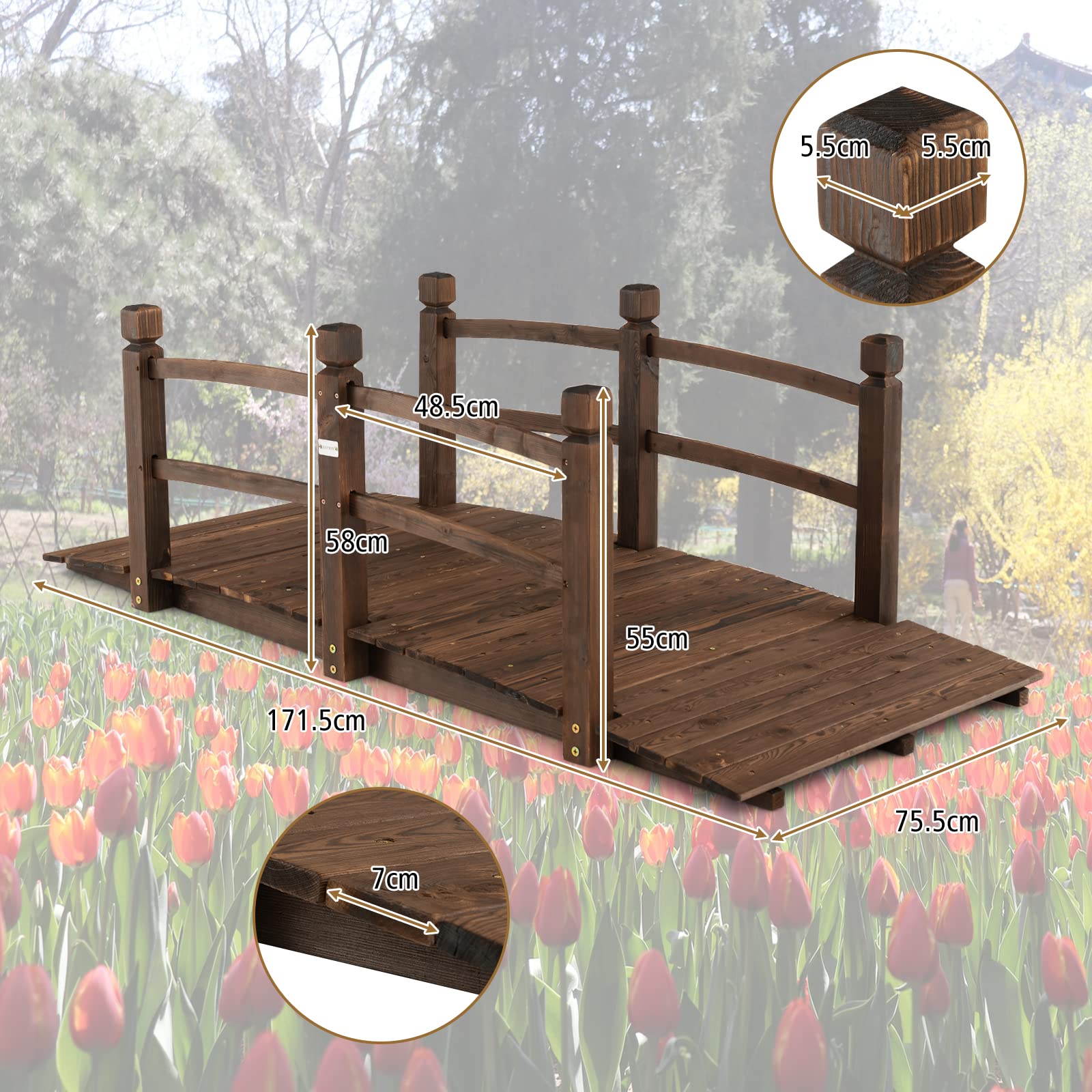 RELAX4LIFE Pont de Jardin Extérieur en Bois avec Garde-Corps Charge 150KG, Pont d'Étang Résistante aux Intempéries, Décoration de Jardin 172 x 75 x 58,5cm pour Cour Arrière Terrasse Jardin