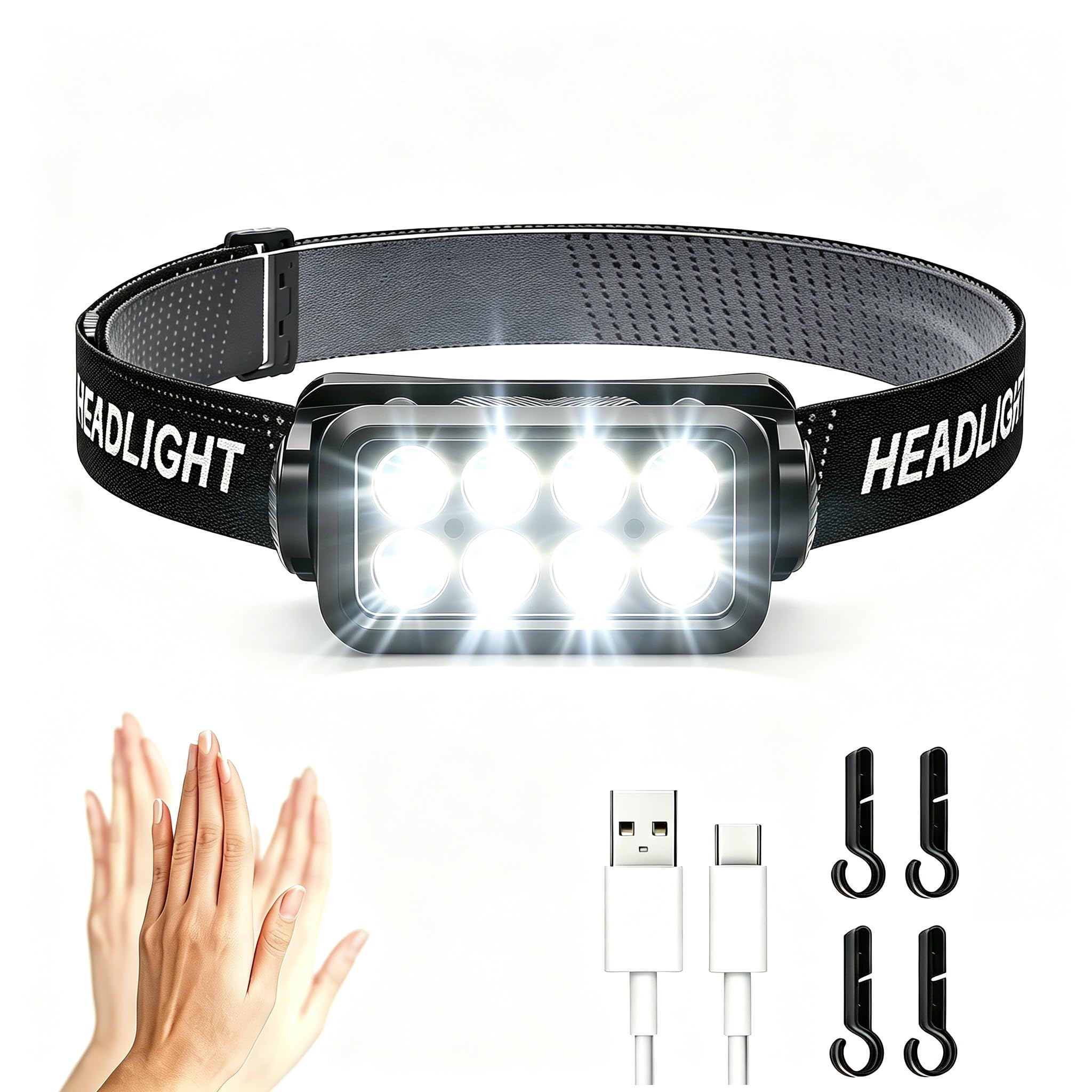 Helle Camping Stirnlampe Taschenlampe, 120° Einstellbar Weißlicht Scheinwerfer mit Bewegungssensor 5 Modi Typ-C USB Wiederaufladbare Kopflampe für Wandern, Laufen, Reparieren, Angeln