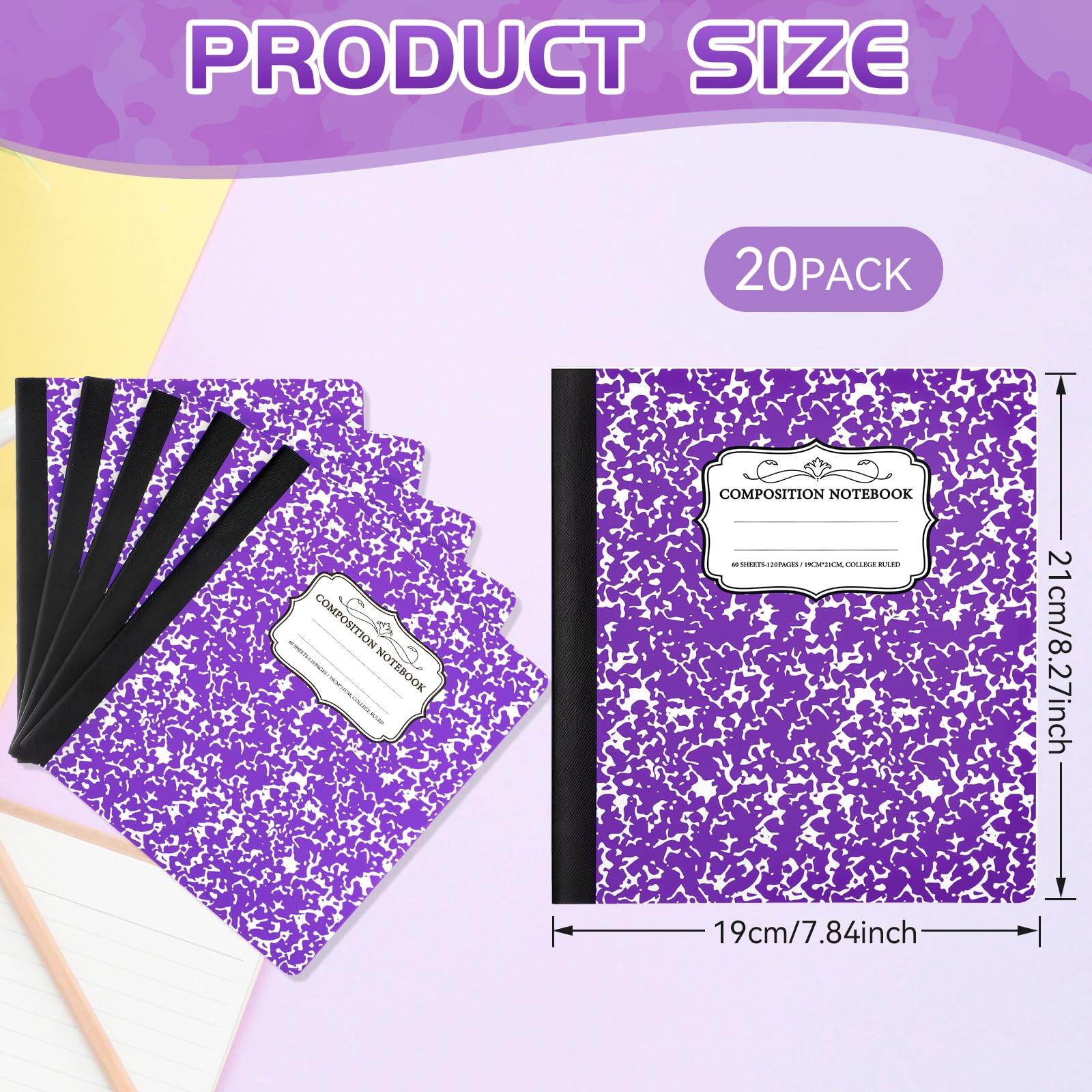 Seajan Lot de 20 cahiers de composition 19,8 x 21,6 cm, 60 feuilles, couverture robuste, carnet ligné pour fournitures scolaires et de bureau, motif blanc (violet)