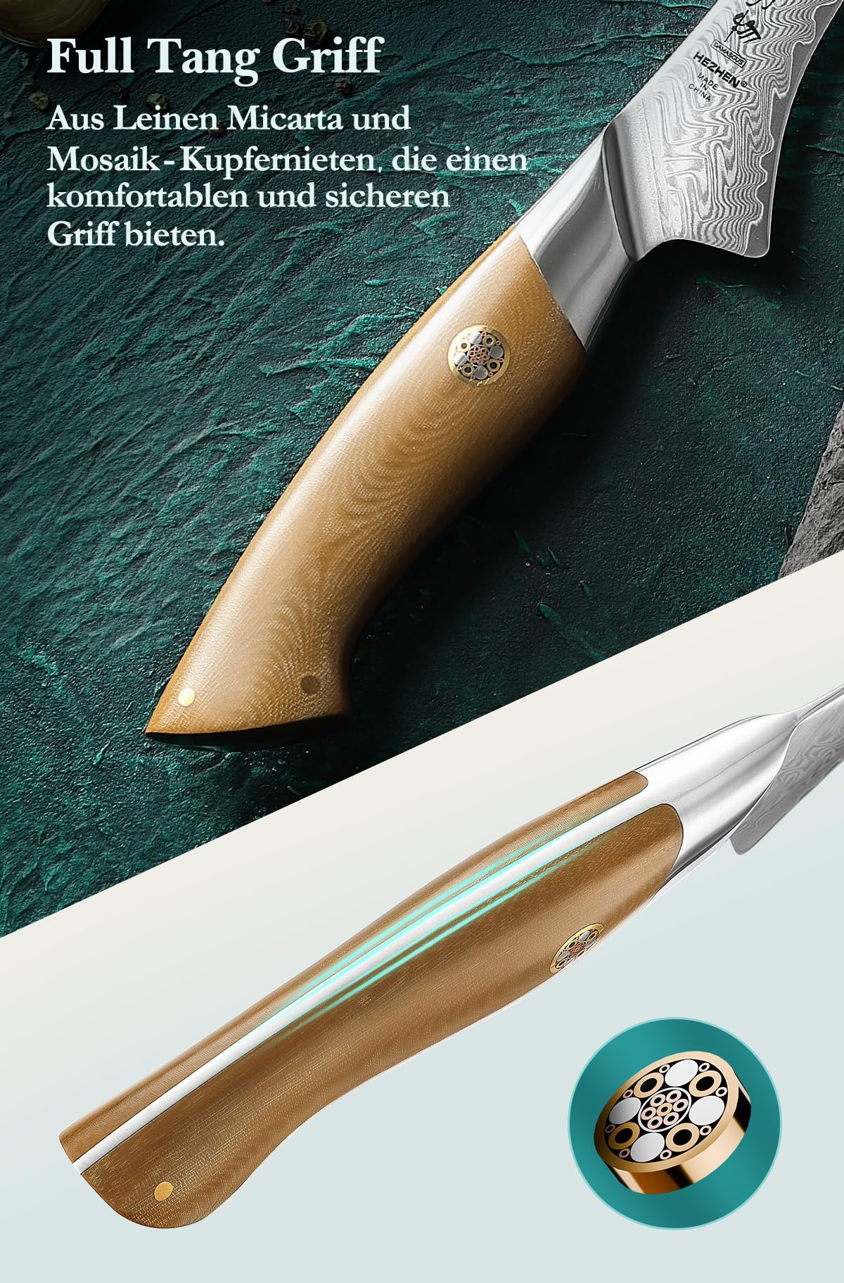 HEZHEN Damaststahl Filetiermesser, Professionelles Fischmesser, Damast Ausbeinmesser Profi, Full Tang Griff aus Leinen Micarta