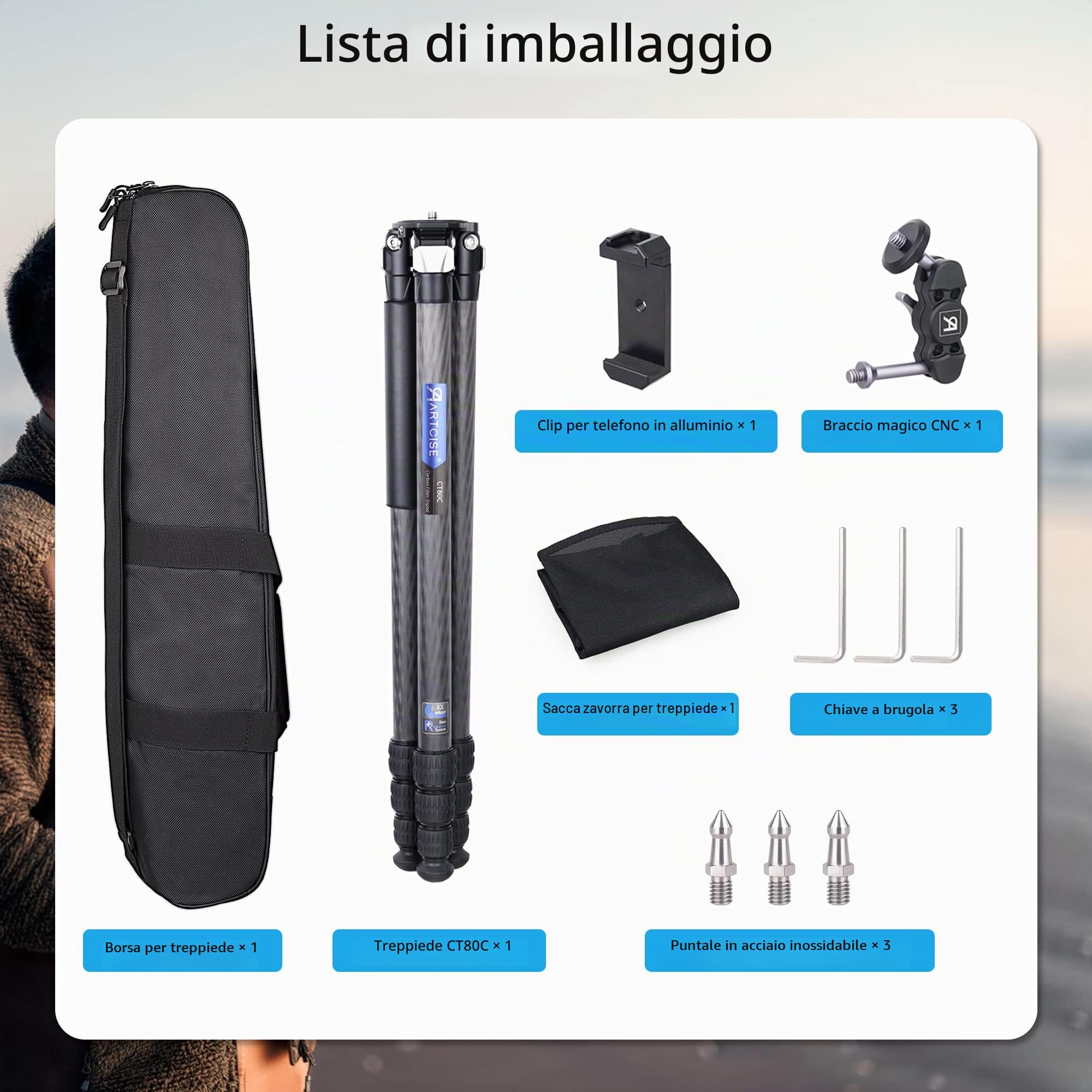 Treppiede compatto in fibra di carbonio con borsa in pietra ARTCISE CT80C Supporto per fotocamera da viaggio resistente per Canon Sony Nikon DSLR SLR Videocamera digitale, carico massimo 25 kg