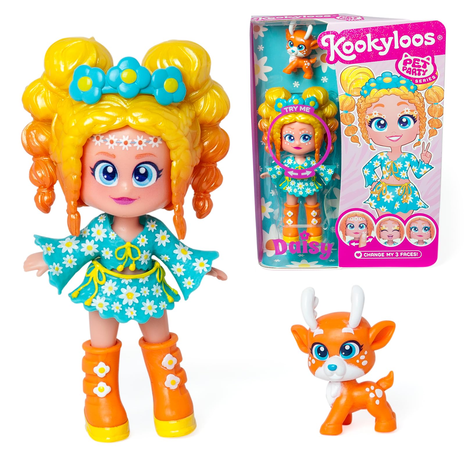 KOOKYLOOS Daisy Doll with Deer Pet - Daisy, Nara, Outfit, Shoes, Accessory. 3 Faces. Unisex, 3+, 10cm
