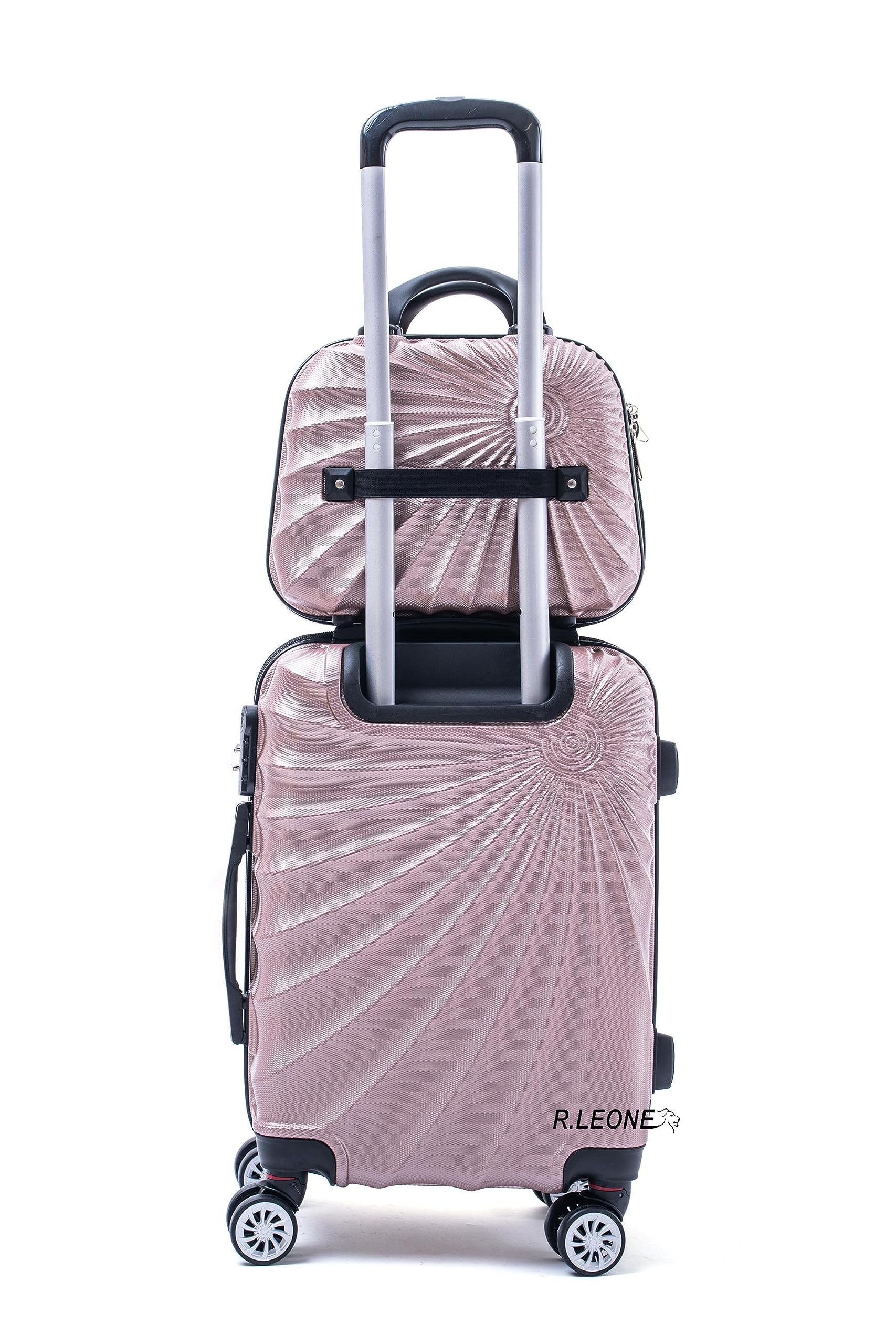 R.Leone Valigia da 1 pezzo Fino a Set 4 Trolley Rigido grande, medio, bagaglio a mano adatto Ryanair 55x40x20cm e beauty case 8 ruote in ABS 2092 (Rose gold, Set 4 XS S M L)