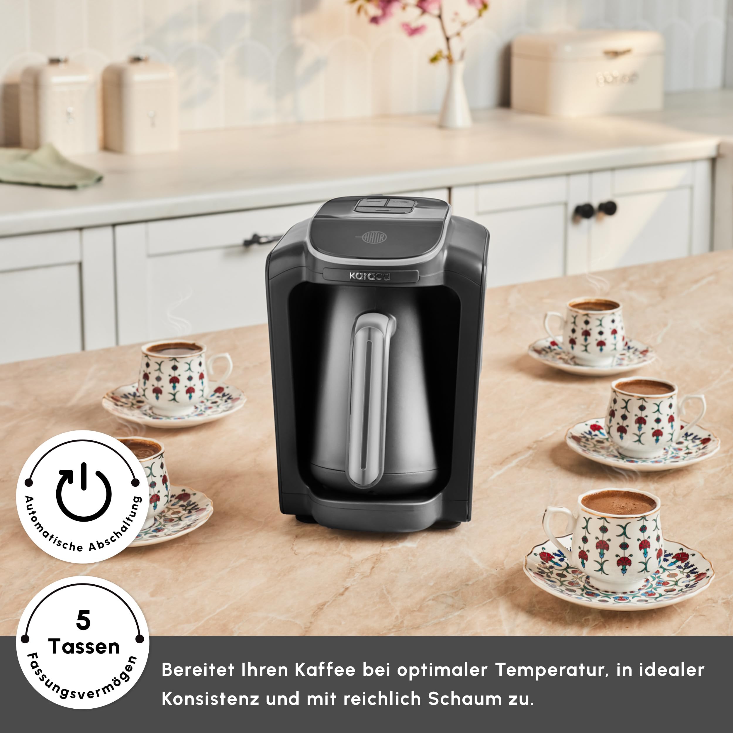 KARACA Hatır Neo Macchina da caffè turca Silver - Caffettiera elettrica per moka con 3 livelli di potenza, 300 ml, capacità 5 tazze, 735 W, spegnimento automatico e protezione dal surriscaldamento