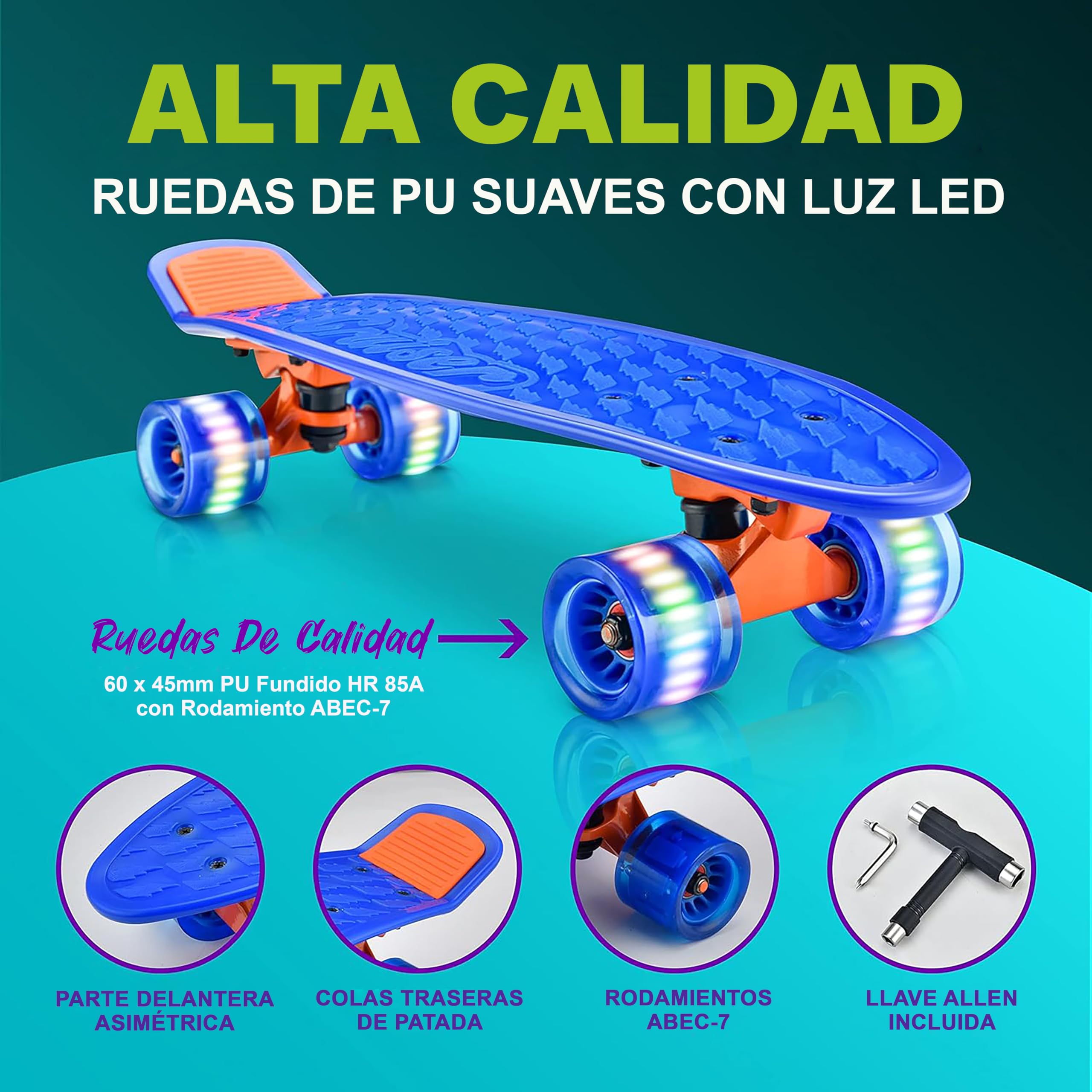 Hurtle Skateboard, Monopatin, Mini Crucero, Tabla, Plataforma de 6”, Ruedas PU con luz LED, Niños, Niñas, Adolescentes