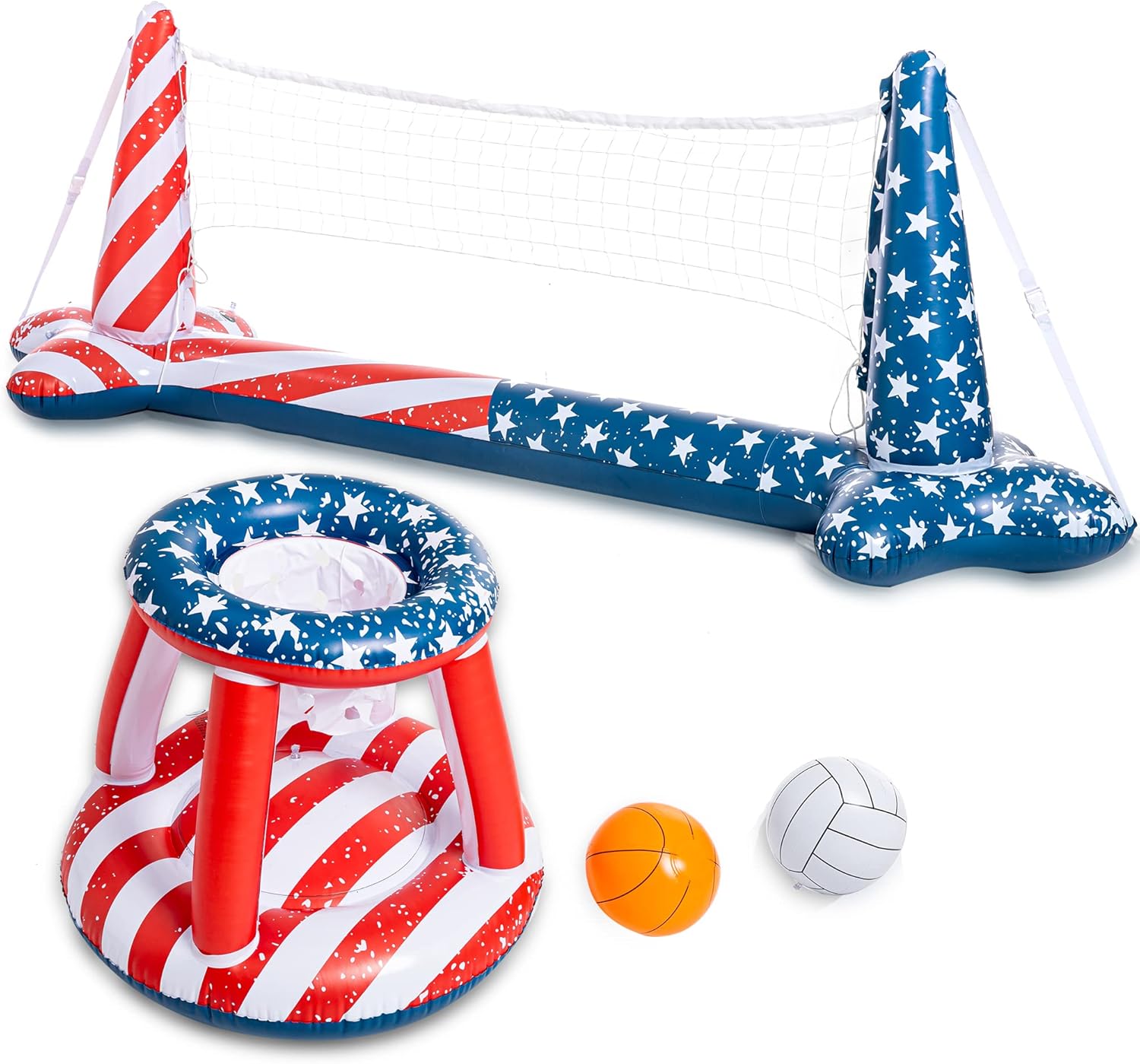 Sloosh Pool Volleyball Net & Basketball Hoop with 2 Balls,American Flag Design Inflatable Pool Toys Game, Swimming Pool Floating Basketball Volleyball Set, Summer Pool Float Set, Red Blue : Toys & Games