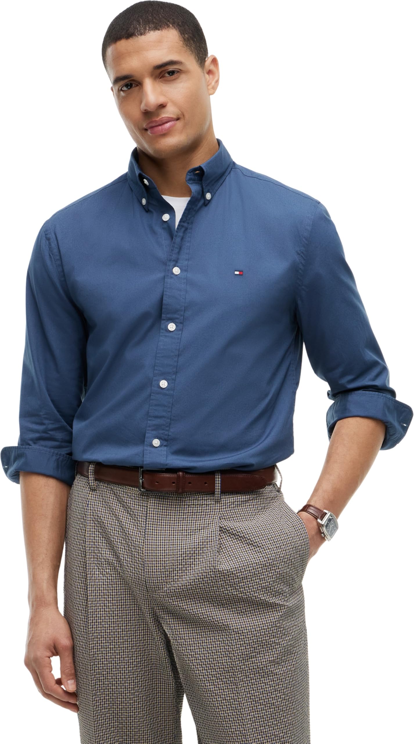 Tommy Hilfiger Men's Regular Fit Flex Poplin Shirt In Aegean Sea, Cotton, Size Xl