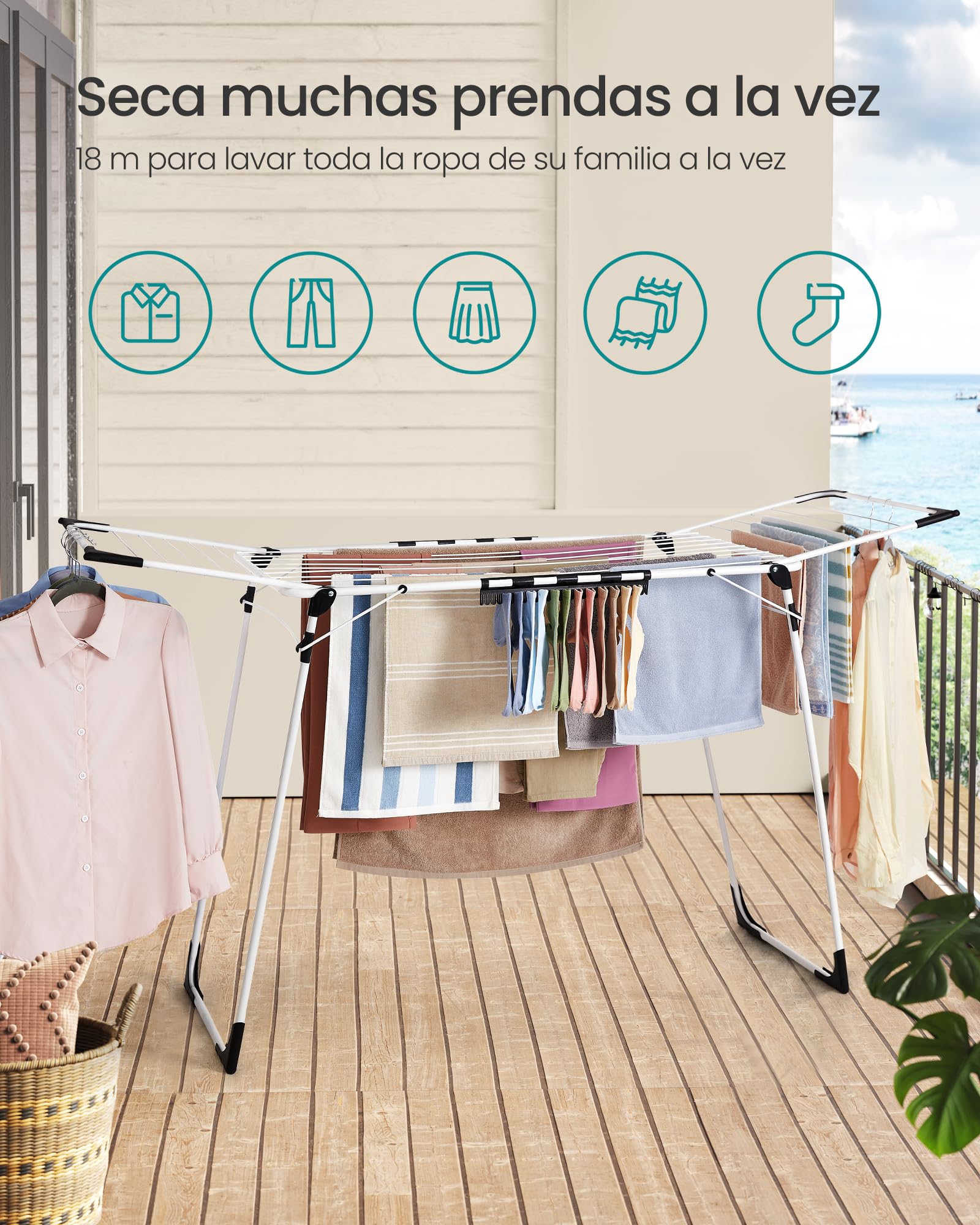 SONGMICS Tendedero de pie, 56,5 x 173 x 96,5 cm, tendedero de alas para Ahorrar Espacio, con Soporte para Calcetines, Metal, para Ropa, Toallas, lavandería, Blanco LLR518W01