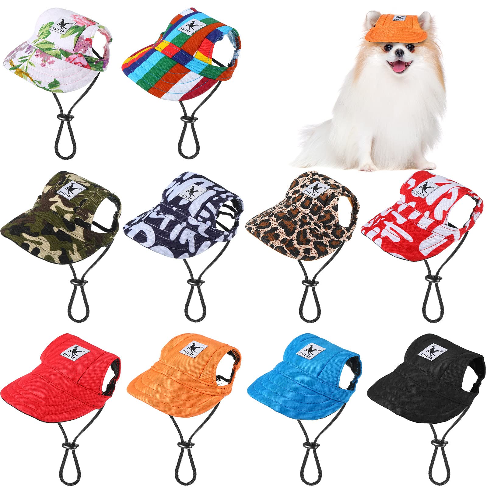 10 Pieces Dog Hat Sun Hat Baseball Cap for Small Medium Large Dogs Baseball Cap with Ear Holes Adjustable Sun Protection Hats Breathable Sports Drawstring Dog Sport Hat (Stylish Style)