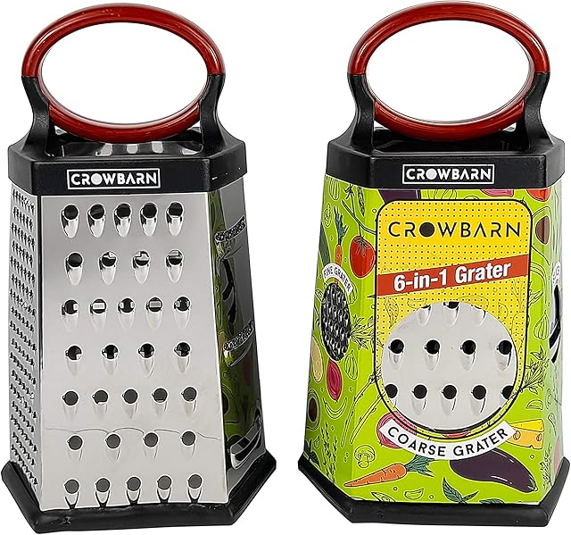 Crowbarn 6 Sided Grater with Handle, Kitchen Slicer, Lemon Zester, Fine Coarse Hexagon Stainless Steel with Non-Slip Base - Cheese & Vegetables (Red)