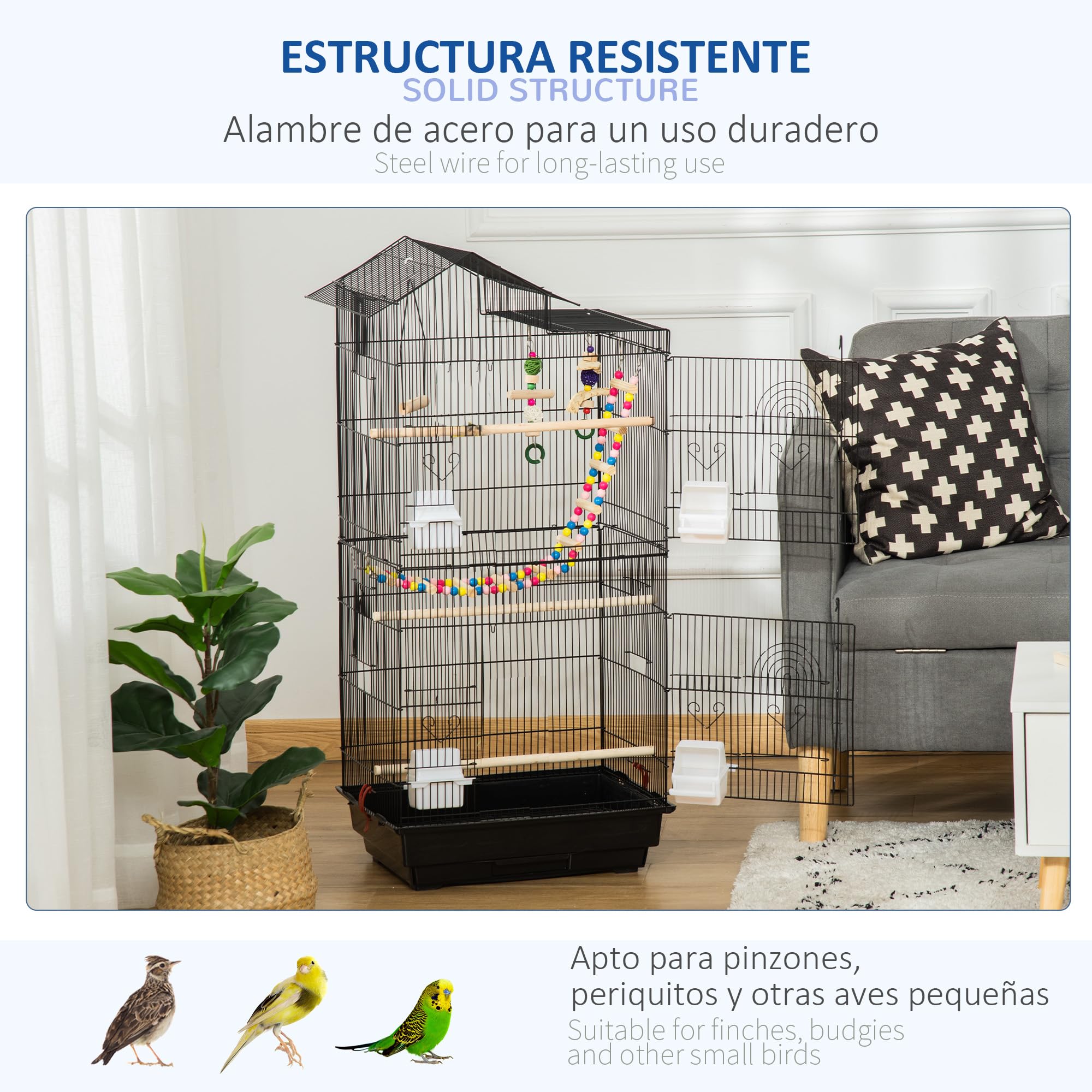 PawHut Jaula para Pájaros Pajarera con Múltiples Puertas 4 Comederos 3 Perchas Columpio Escaleras y Bandeja Extraíble para Loros Canarios Periquitos 46x36x100 cm Negro