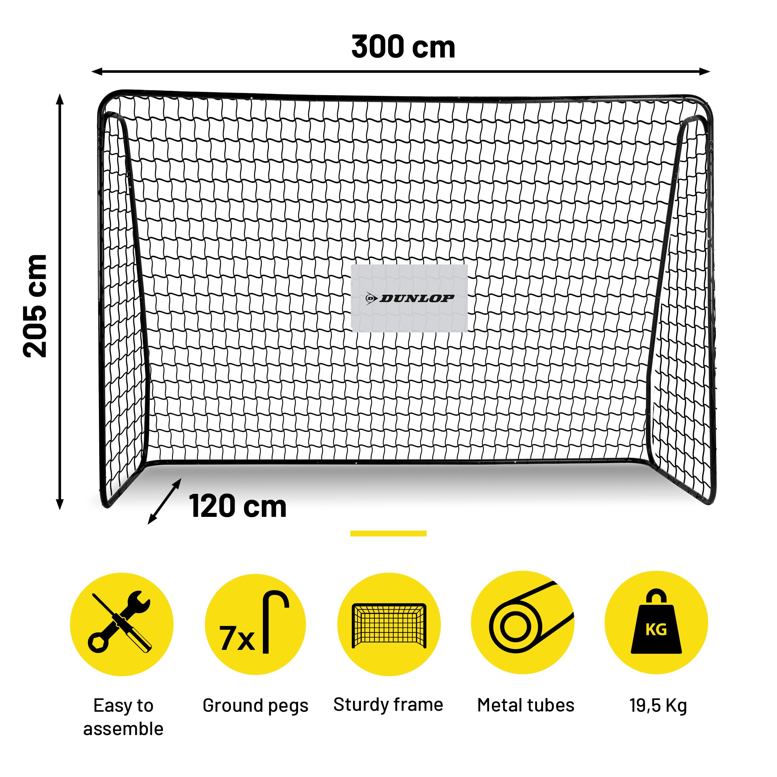 Dunlop Bramka do piłki nożnej 300 x 205 x 120 cm – Bramka do piłki nożnej do ogrodu, dla dzieci i dorosłych – Akcesoria treningowe do użytku wewnątrz i na zewnątrz – Metal