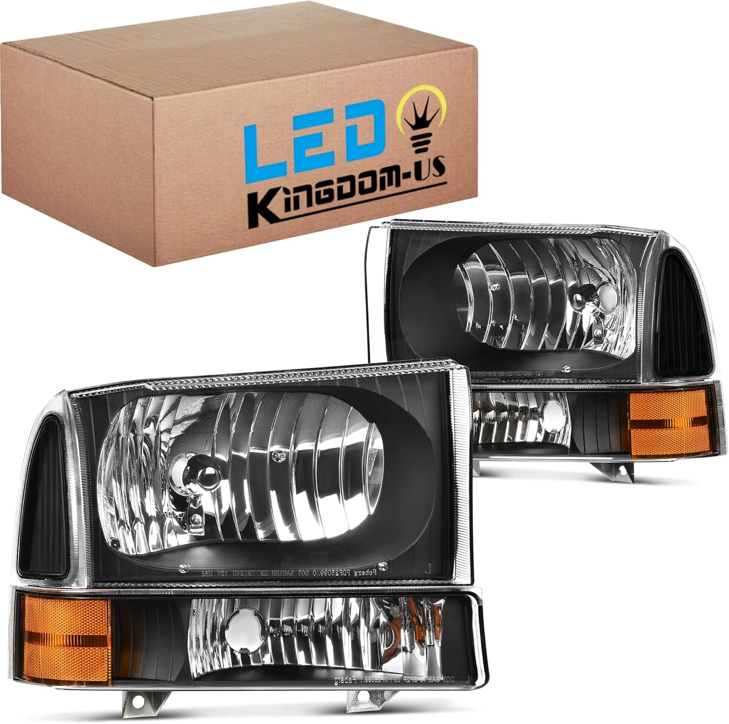 LEDKINGDOMUS Headlight Assembly, DOT-certified,Compatible with 1999 2000 2001 2002 2003 2004 Ford F-250 F-350 F-450 F-550 Super Duty 99-04 Headlamp Replacement Black Housing Clear Lens Amber Reflector