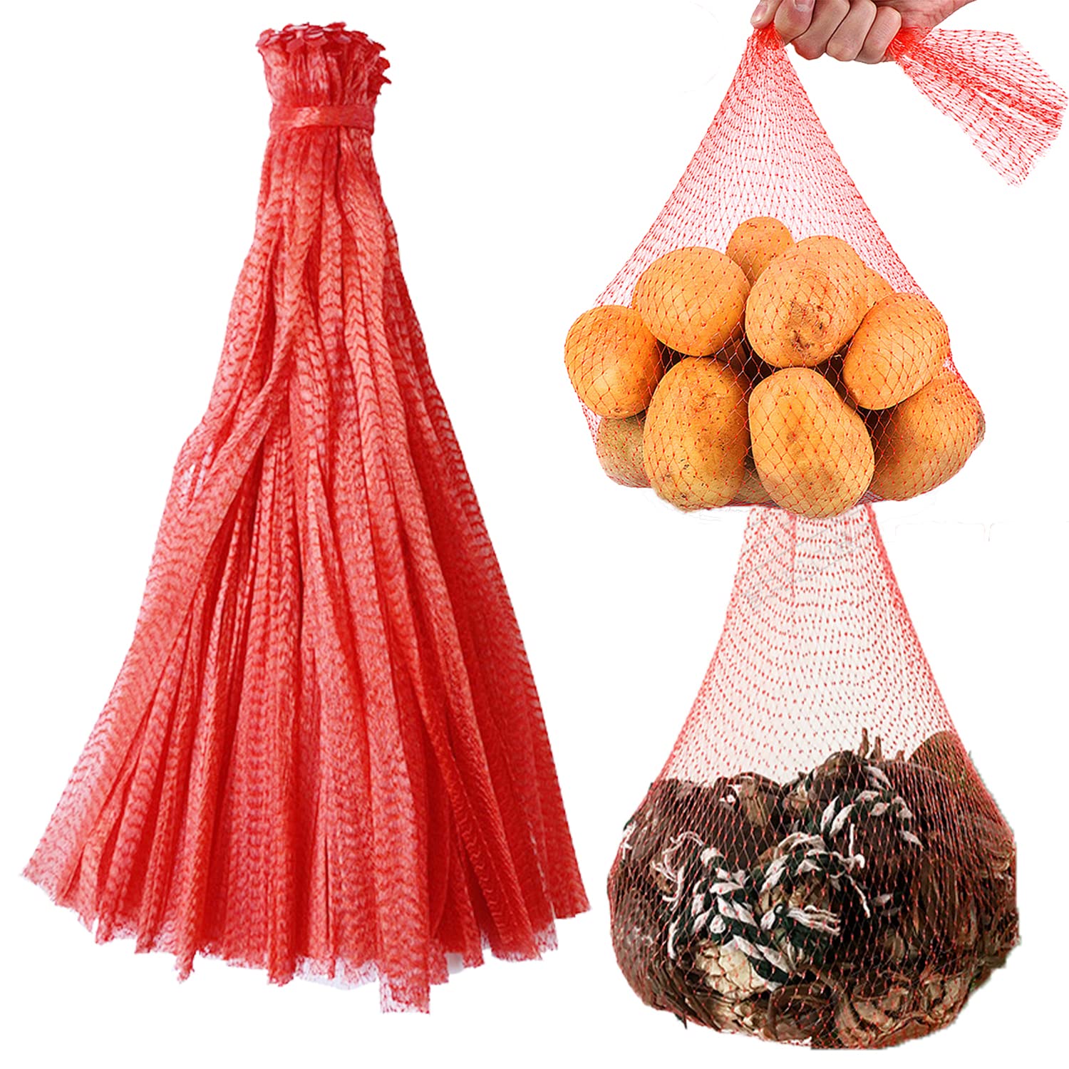 reusable produce mesh bags 24 inch seafood boil bags for crab clam shellfish crawfish cooking onion potato storage eco-friendly fruit vegetable produce packaging supplies net 100pcs-red