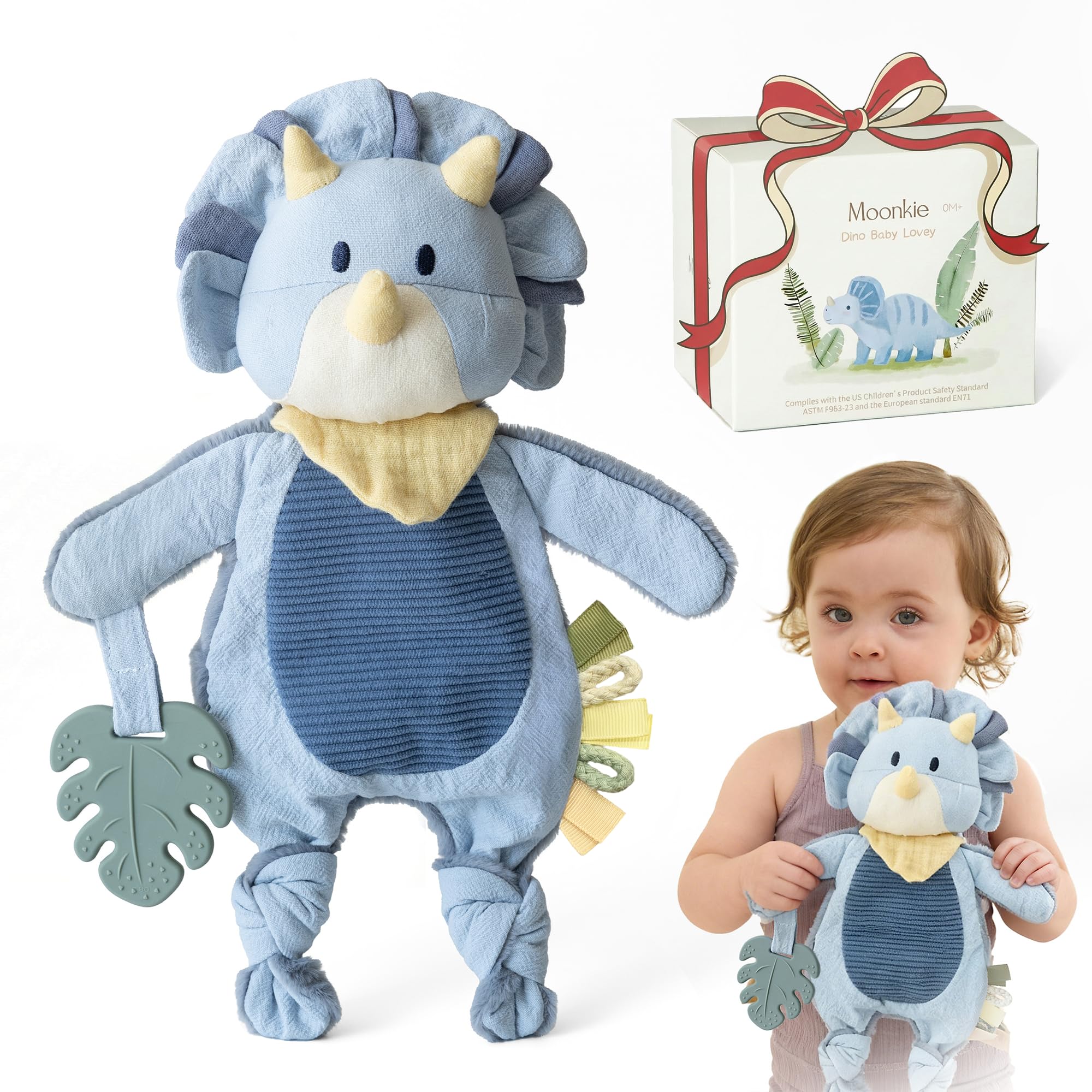 Moonkie Kuscheltier Baby, Dinosaurier Schnuffeltuch mit Silikon Beißring, Superweich Schmusetuch, Geschenke zur Geburt, Baby Spielzeug mit Strukturierten Bändern, Babygeschenke Junge & Mädchen