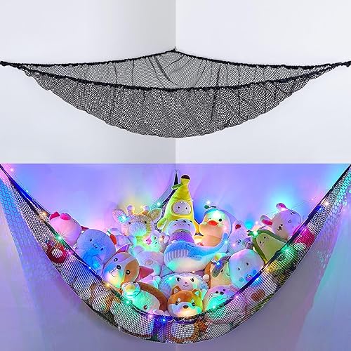 Almacenamiento de animales de peluche con luz LED, decoración de habitación, hamaca de peluche, esquina para niños, organizador de almacenamiento de