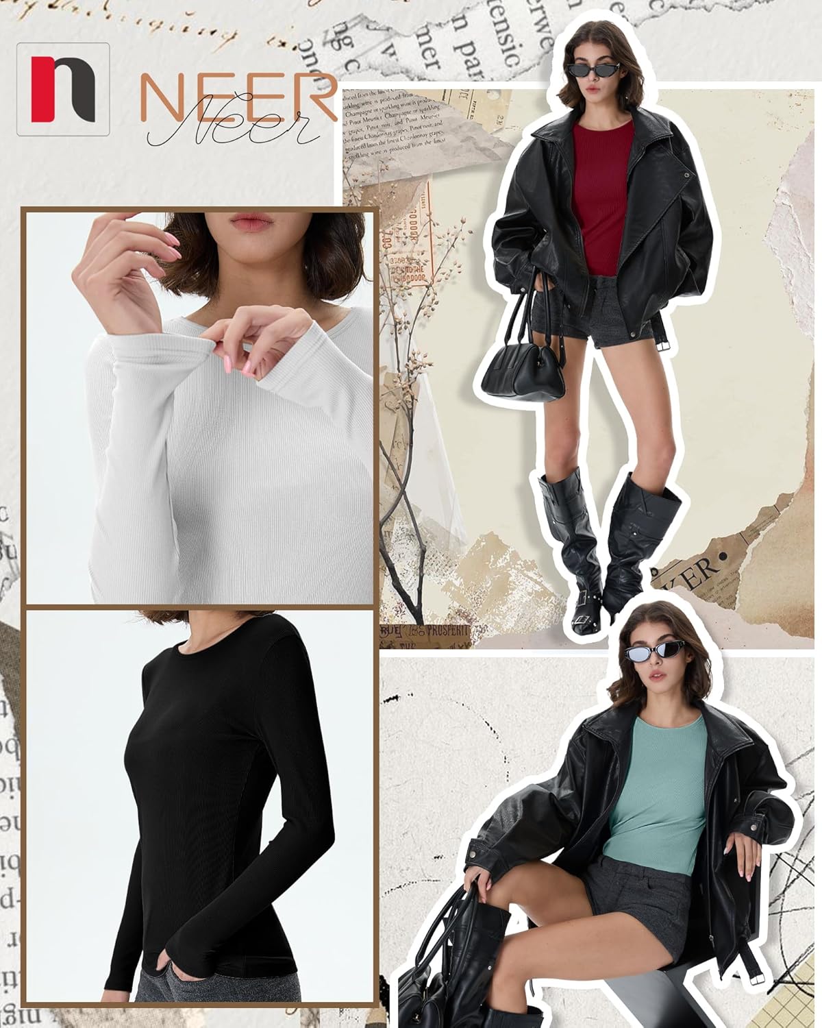 Neer 4 Pack Women's Ribbed Long Sleeve Shirts, Cotton Crew Neck Slim Fit Tops Stretch Knit Casual Base Layer Basic Tee Shirts - Image 6