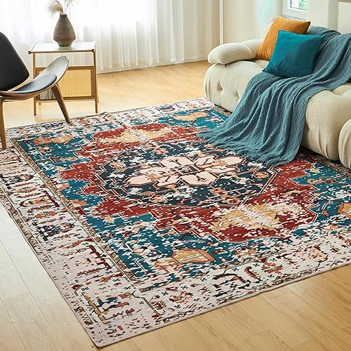 OIGAE Washable Rug 4x6, Vintage Medallion Area Rugs with Non-Slip Backing, Non-Shedding Floor Mat Throw Carpet for Living Room Bedroom Kitchen Laundry Home Office, Blue/Red