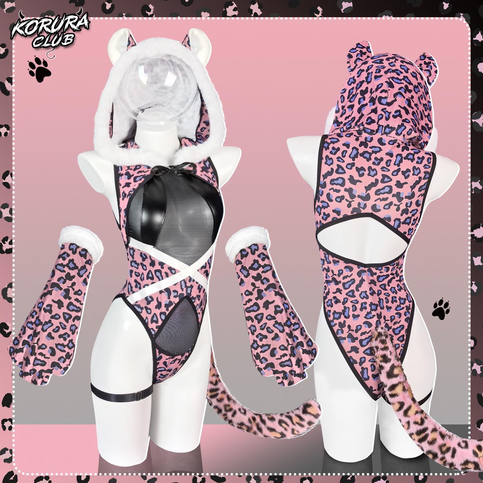 KORURACLUB Leoparden Kostüm Damen Sexy Animal Cosplay Bodysuit Kapuze Rückenfrei Schneeleopard Cosplay Outfit