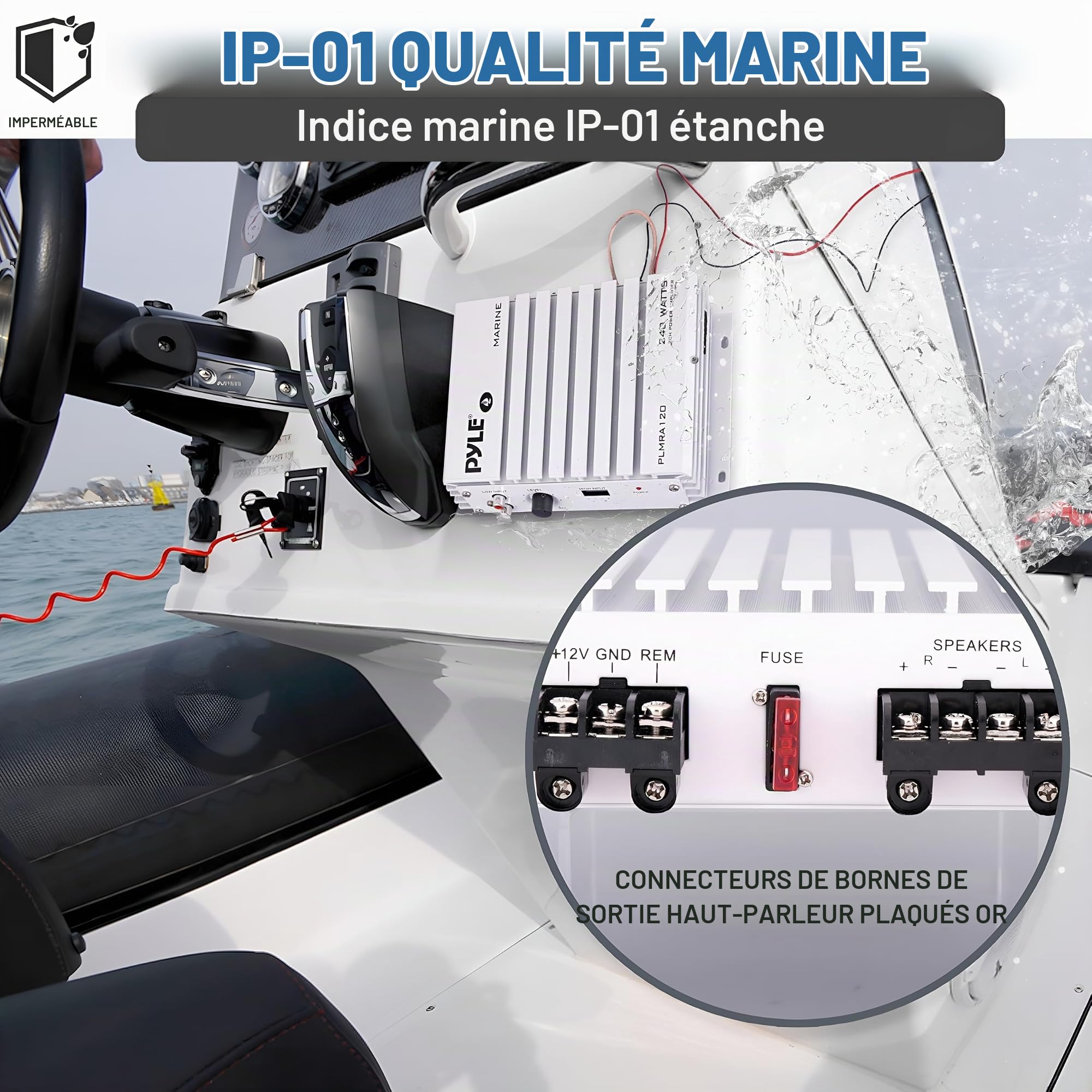 Amplificateur Pyle étanche avec 2 canaux et une puissance de 240 Watts. Idéal pour bateau, scooter de mer etc.